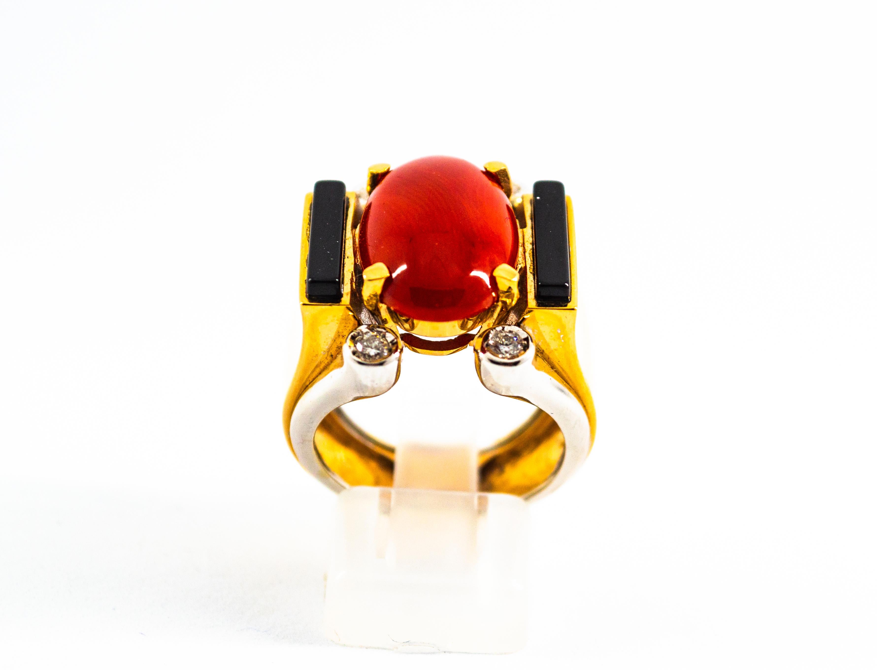 Brilliant Cut Art Deco Style Mediterranean Coral White Diamond Onyx Yellow Gold Cocktail Ring For Sale