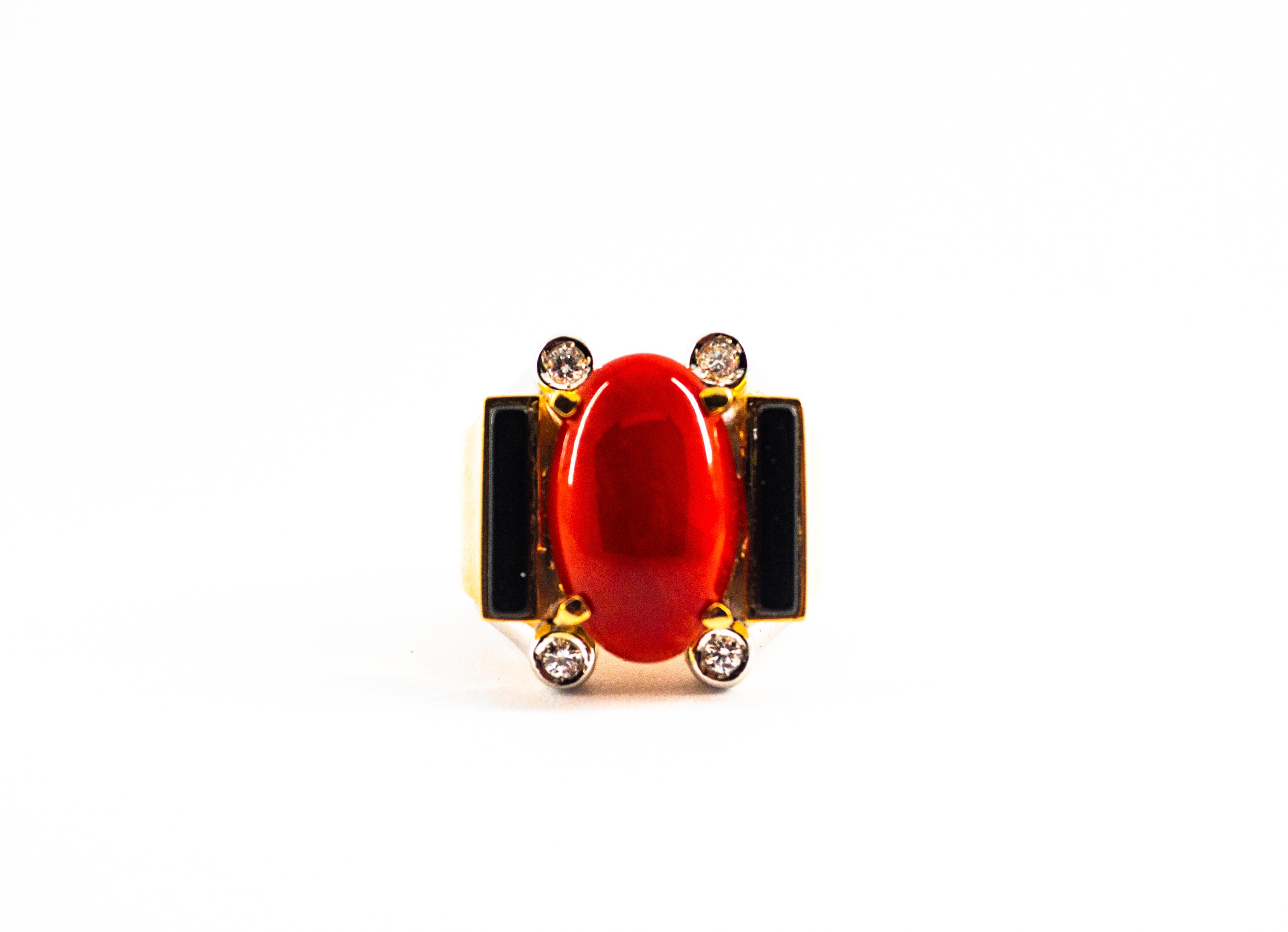 da uomo o donna Anello da cocktail in oro giallo con corallo bianco e diamante onice in stile Art Déco mediterraneo in vendita