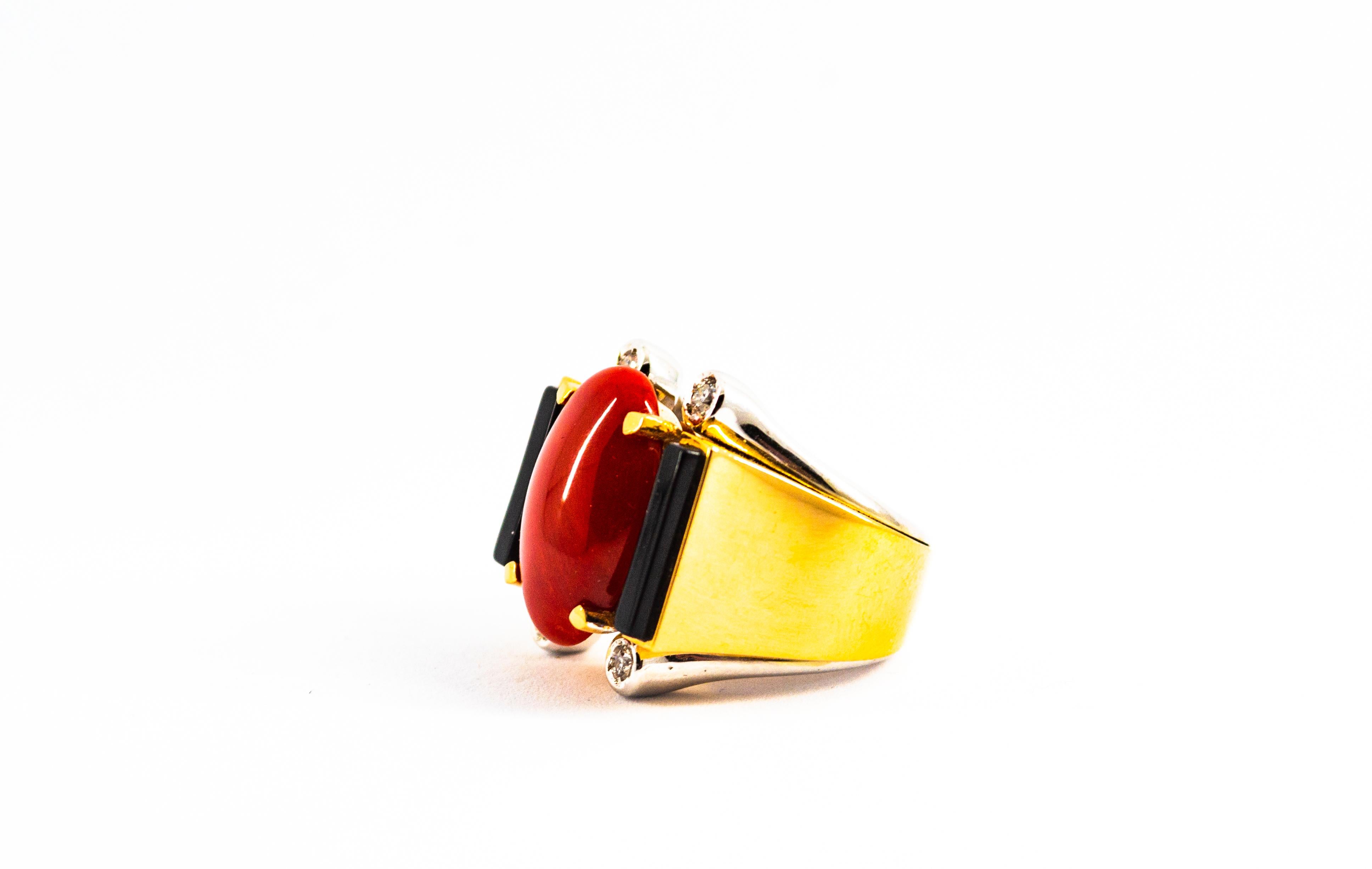 Art Deco Style Mediterranean Coral White Diamond Onyx Yellow Gold Cocktail Ring For Sale 1