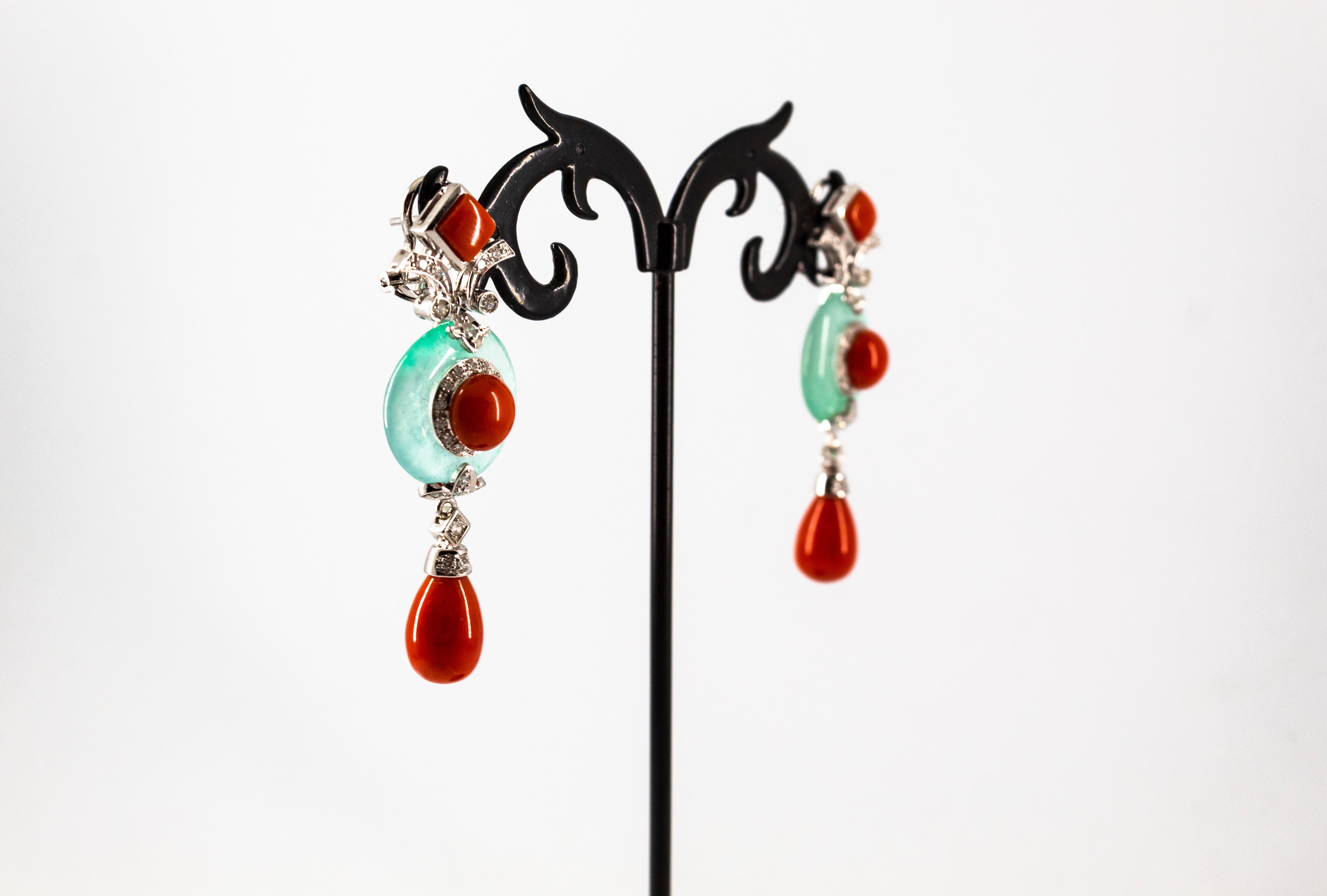 Art Deco Style Mediterranean Red Coral Jade White Diamond White Gold Earrings 4