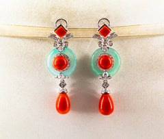 Art Deco Style Mediterranean Red Coral Jade White Diamond White Gold Earrings