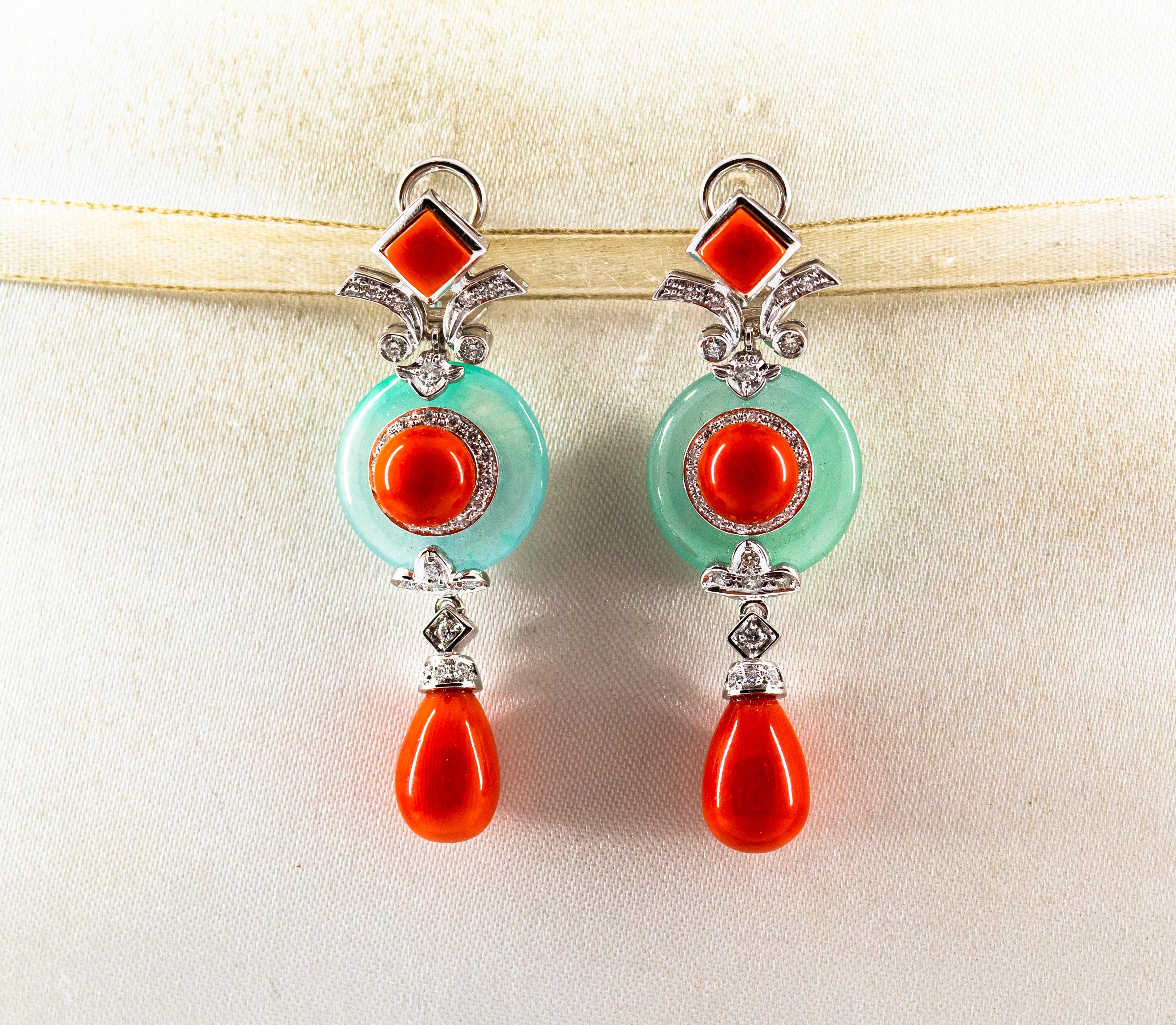 Brilliant Cut Art Deco Style Mediterranean Red Coral Jade White Diamond White Gold Earrings For Sale