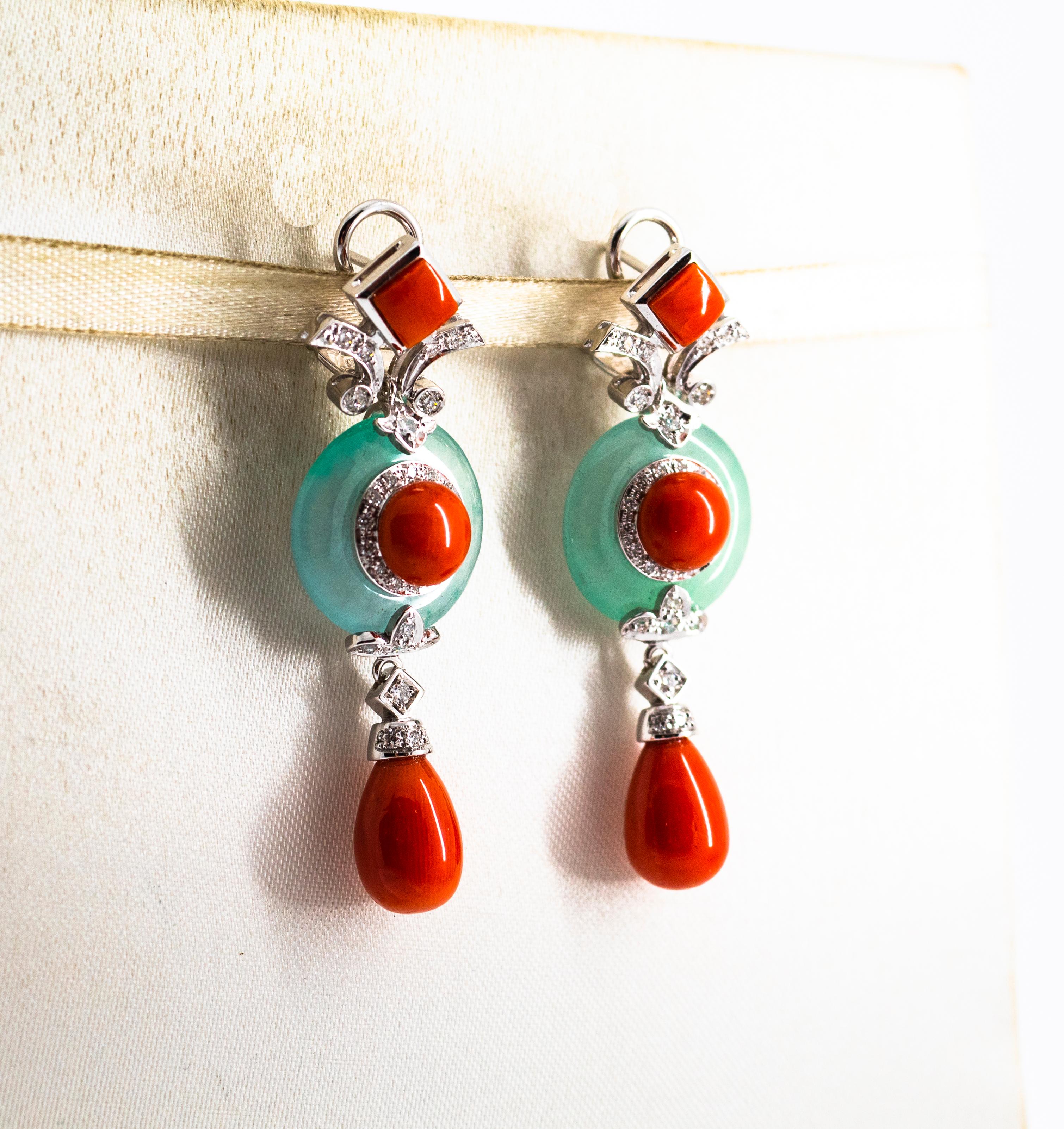 Art Deco Style Mediterranean Red Coral Jade White Diamond White Gold Earrings In New Condition For Sale In Naples, IT