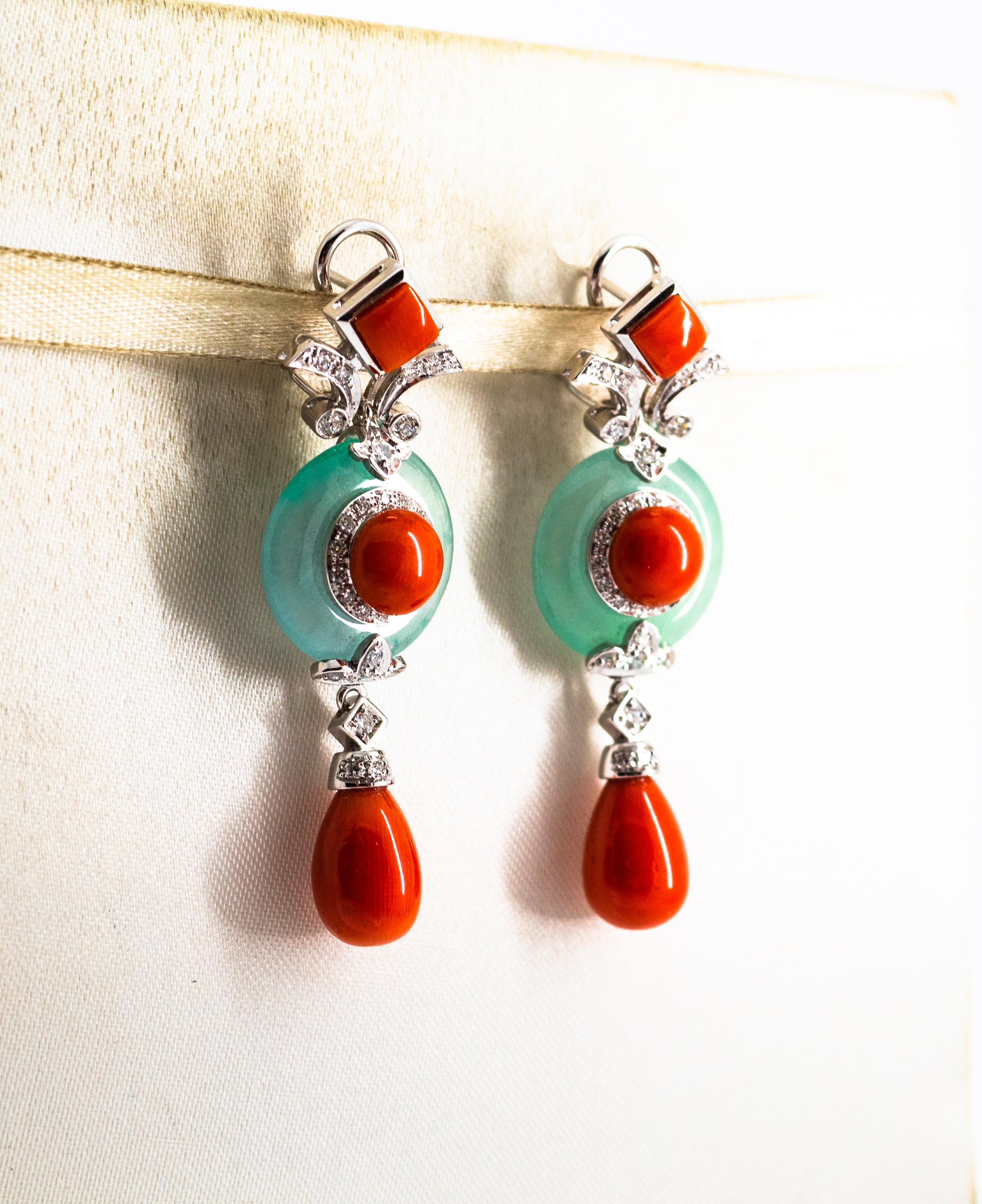 Women's or Men's Art Deco Style Mediterranean Red Coral Jade White Diamond White Gold Earrings For Sale