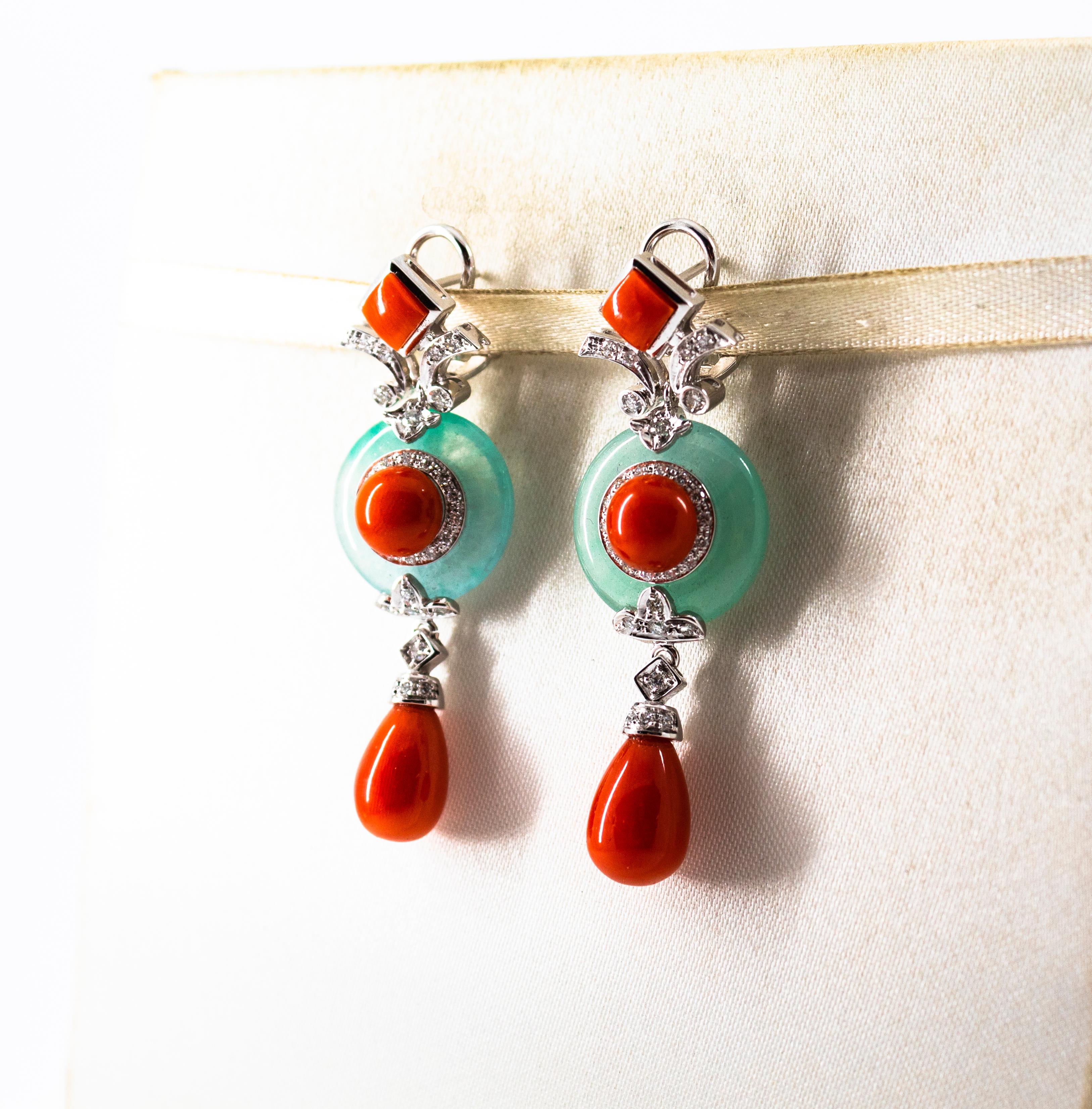 Women's or Men's Art Deco Style Mediterranean Red Coral Jade White Diamond White Gold Earrings
