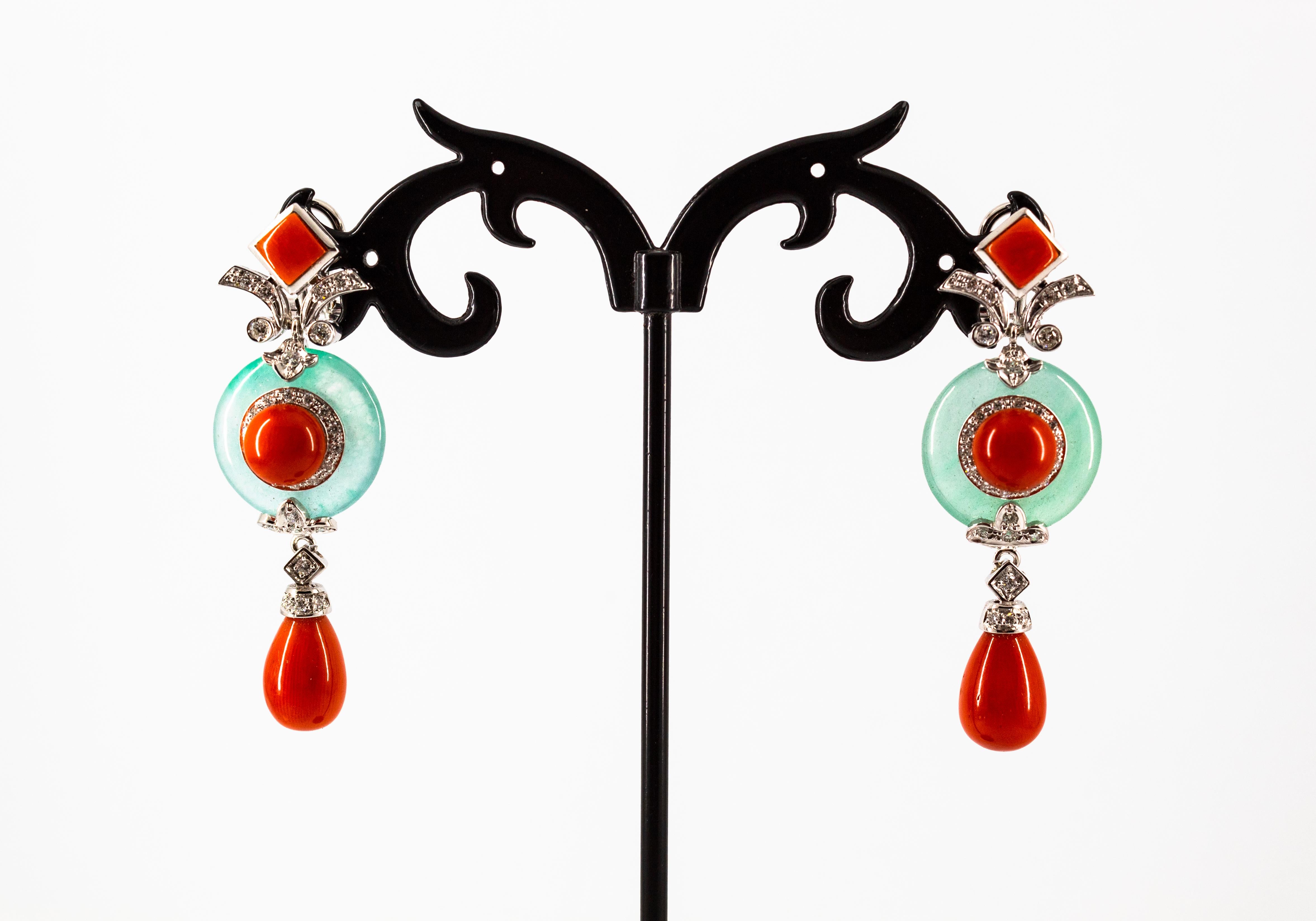 Art Deco Style Mediterranean Red Coral Jade White Diamond White Gold Earrings For Sale 2