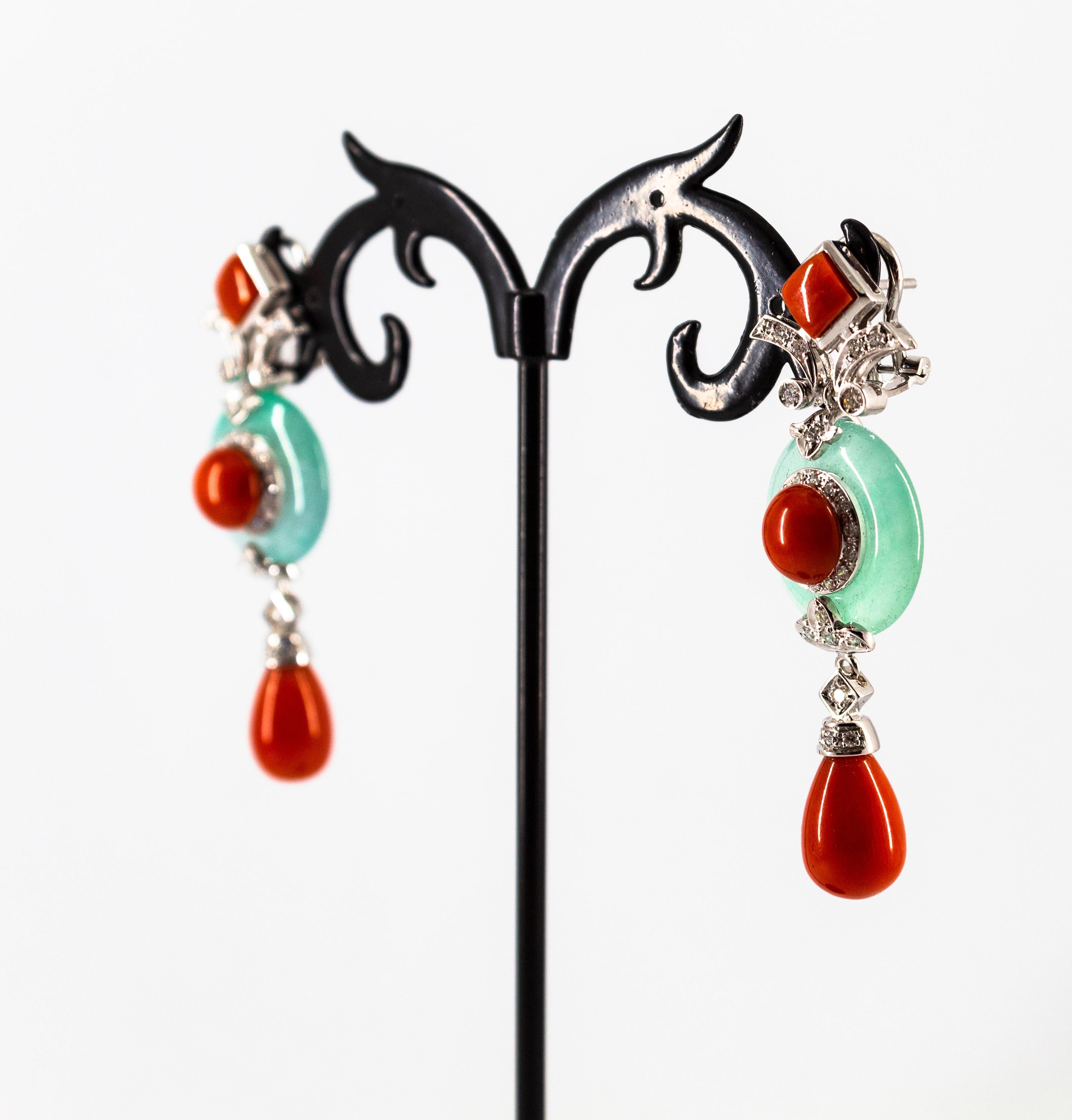Art Deco Style Mediterranean Red Coral Jade White Diamond White Gold Earrings For Sale 3
