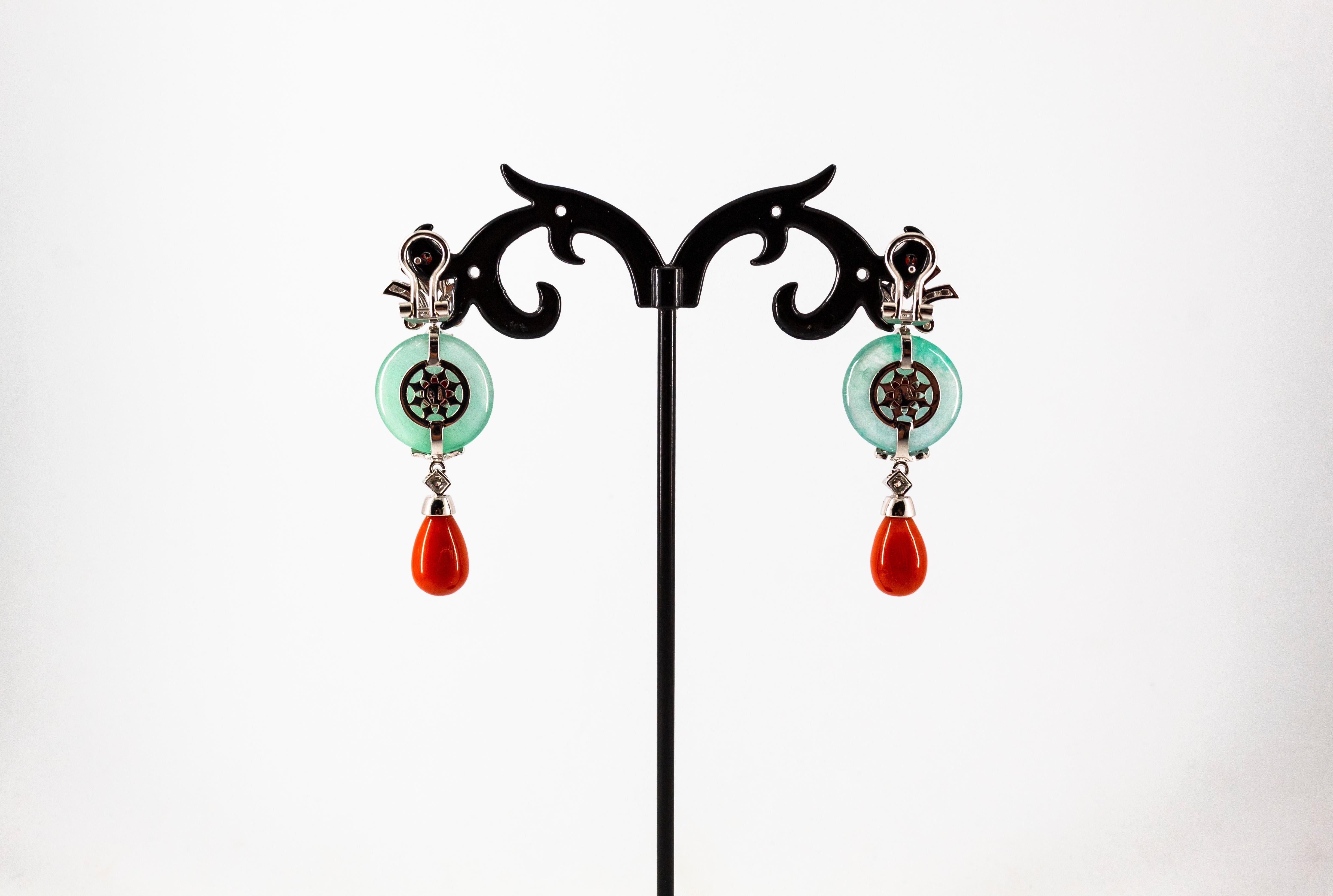 Art Deco Style Mediterranean Red Coral Jade White Diamond White Gold Earrings For Sale 4