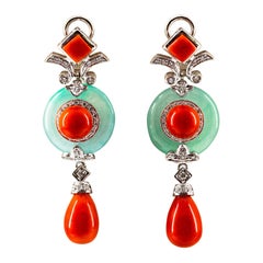 Art Deco Style Mediterranean Red Coral Jade White Diamond White Gold Earrings