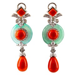 Art Deco Style Mediterranean Red Coral Jade White Diamond White Gold Earrings