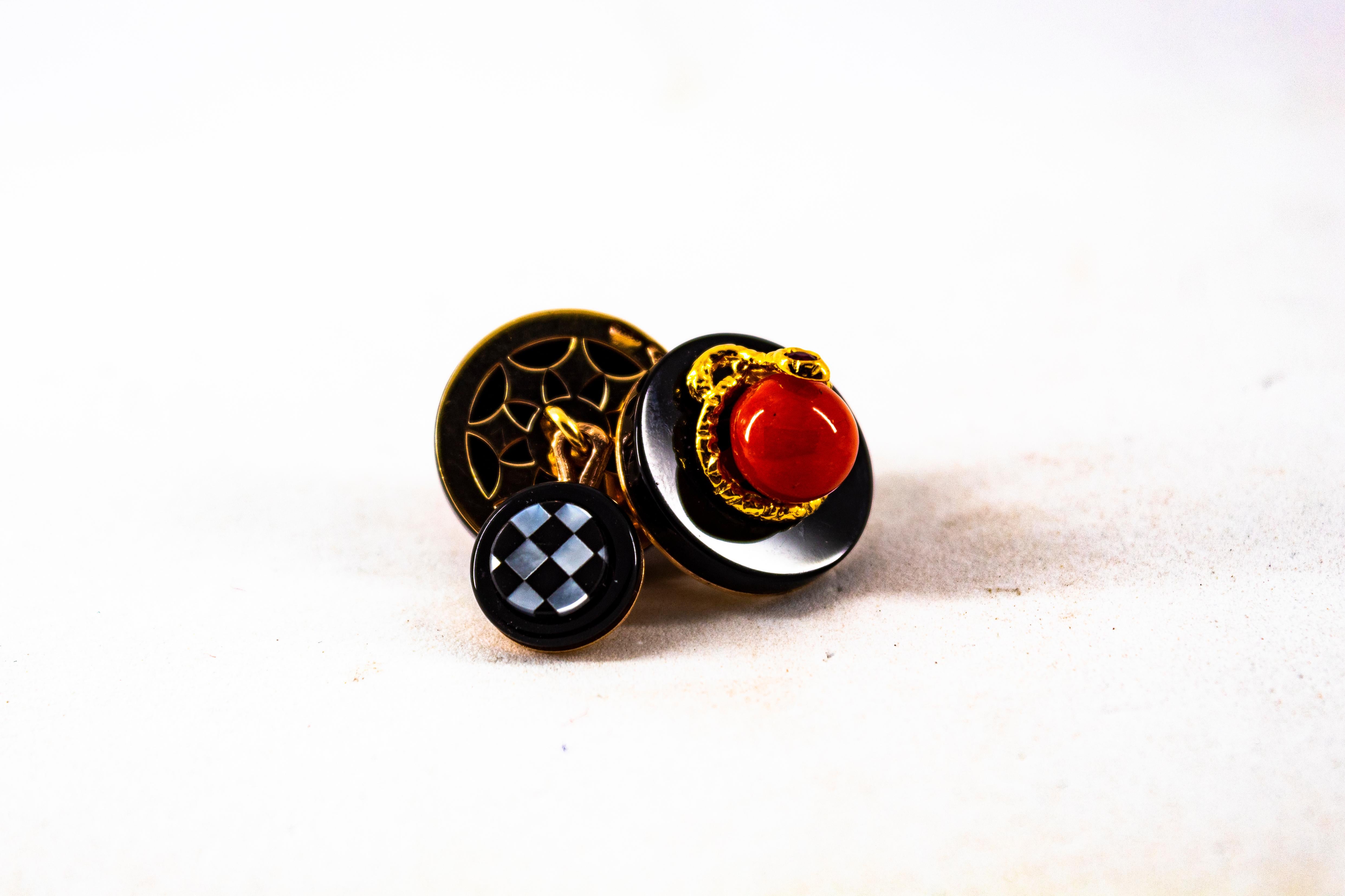Art Deco Style Mediterranean Red Coral Onyx Ruby Mother of Pearl Gold Cufflinks For Sale 5