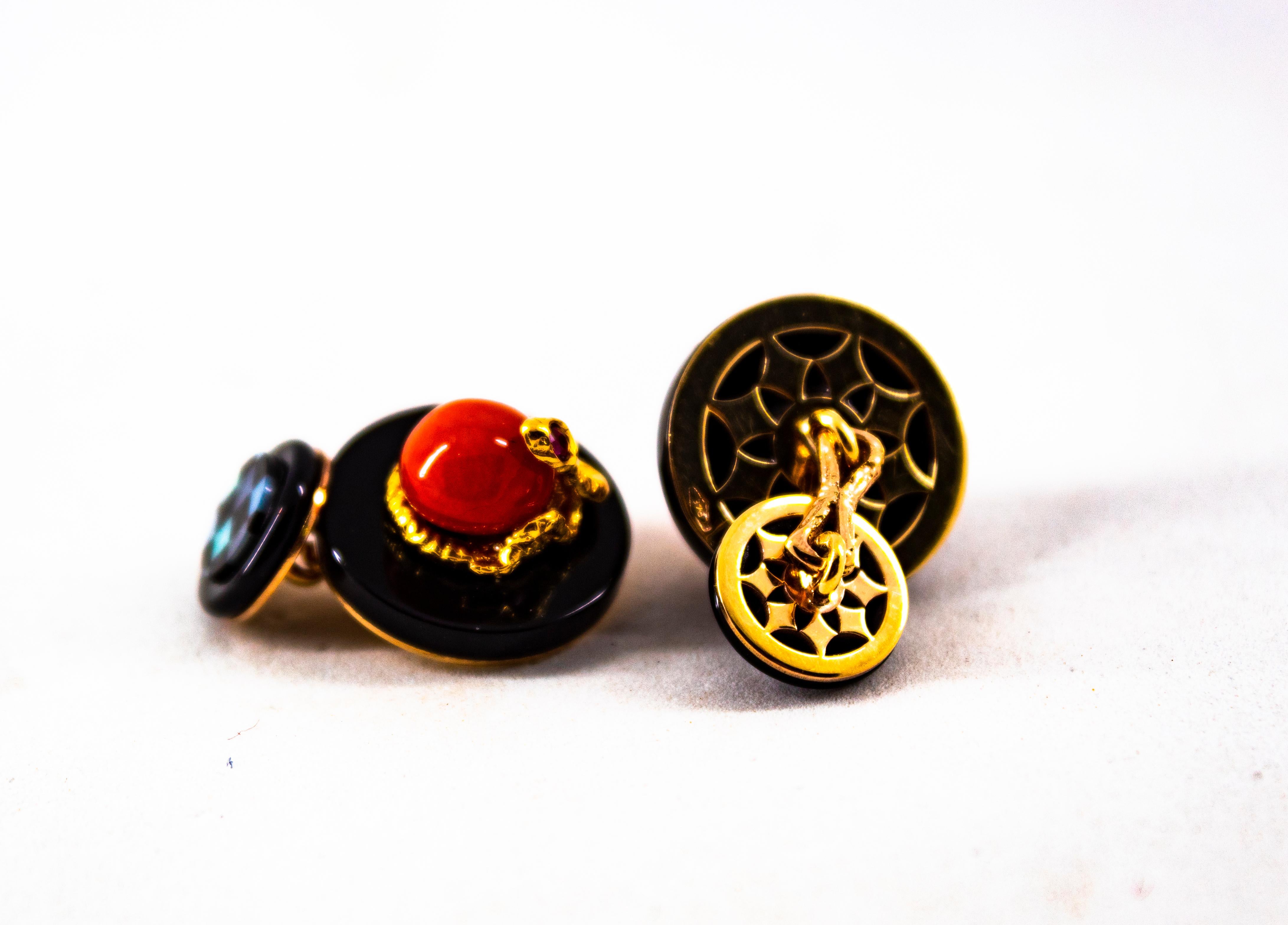 Art Deco Style Mediterranean Red Coral Onyx Ruby Mother of Pearl Gold Cufflinks For Sale 6