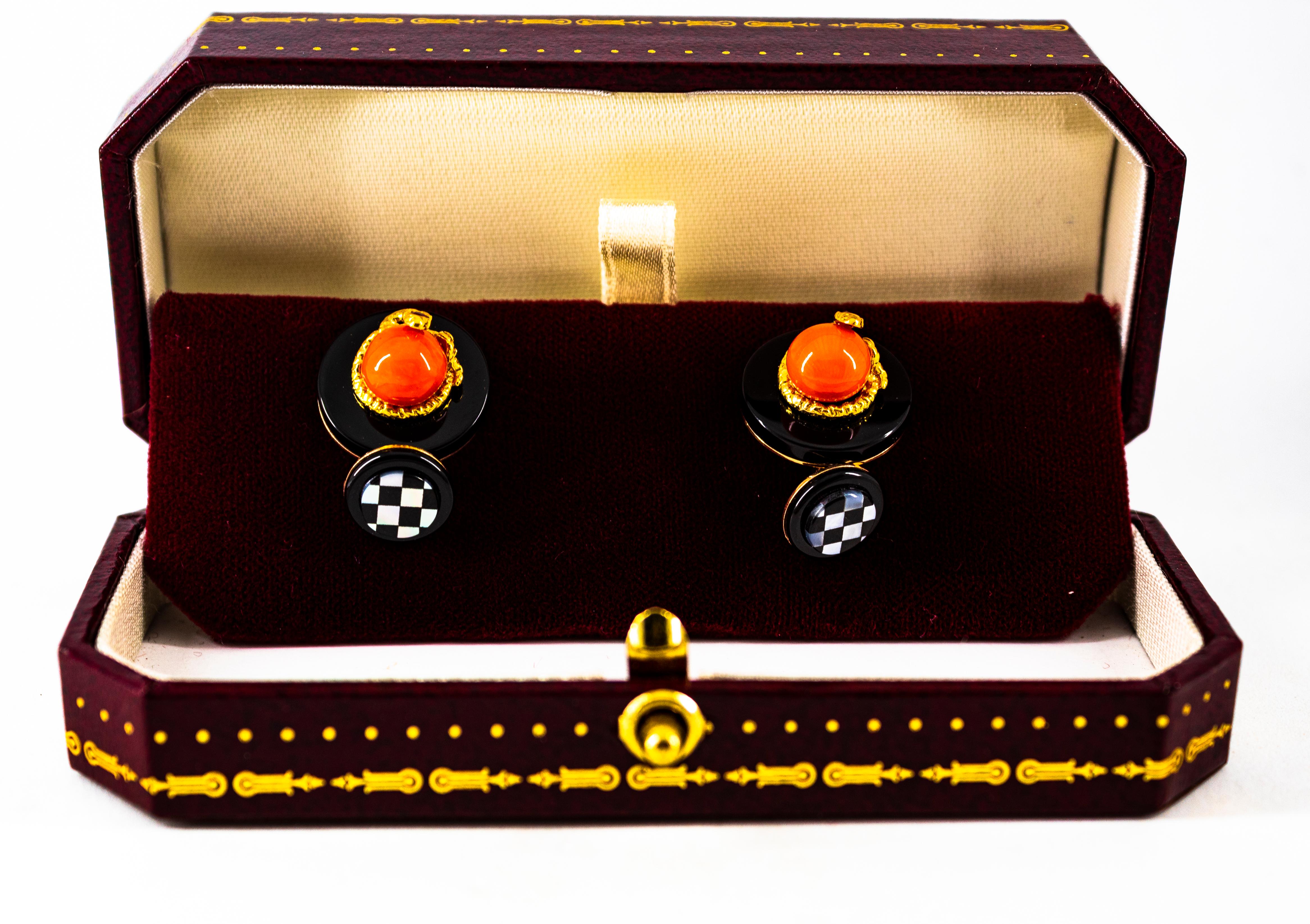 Art Deco Style Mediterranean Red Coral Onyx Ruby Mother of Pearl Gold Cufflinks For Sale 8