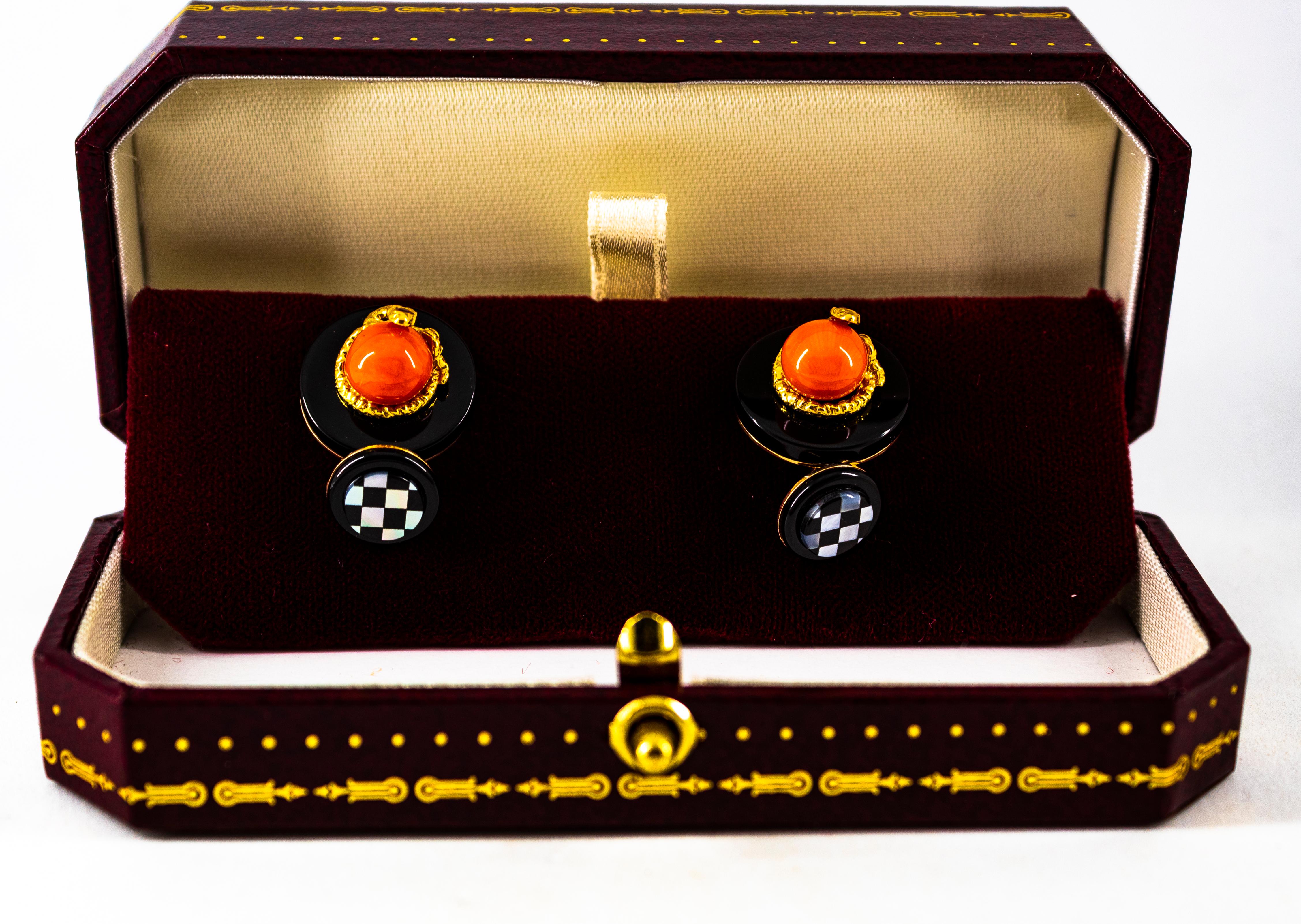 Art Deco Style Mediterranean Red Coral Onyx Ruby Mother of Pearl Gold Cufflinks 9