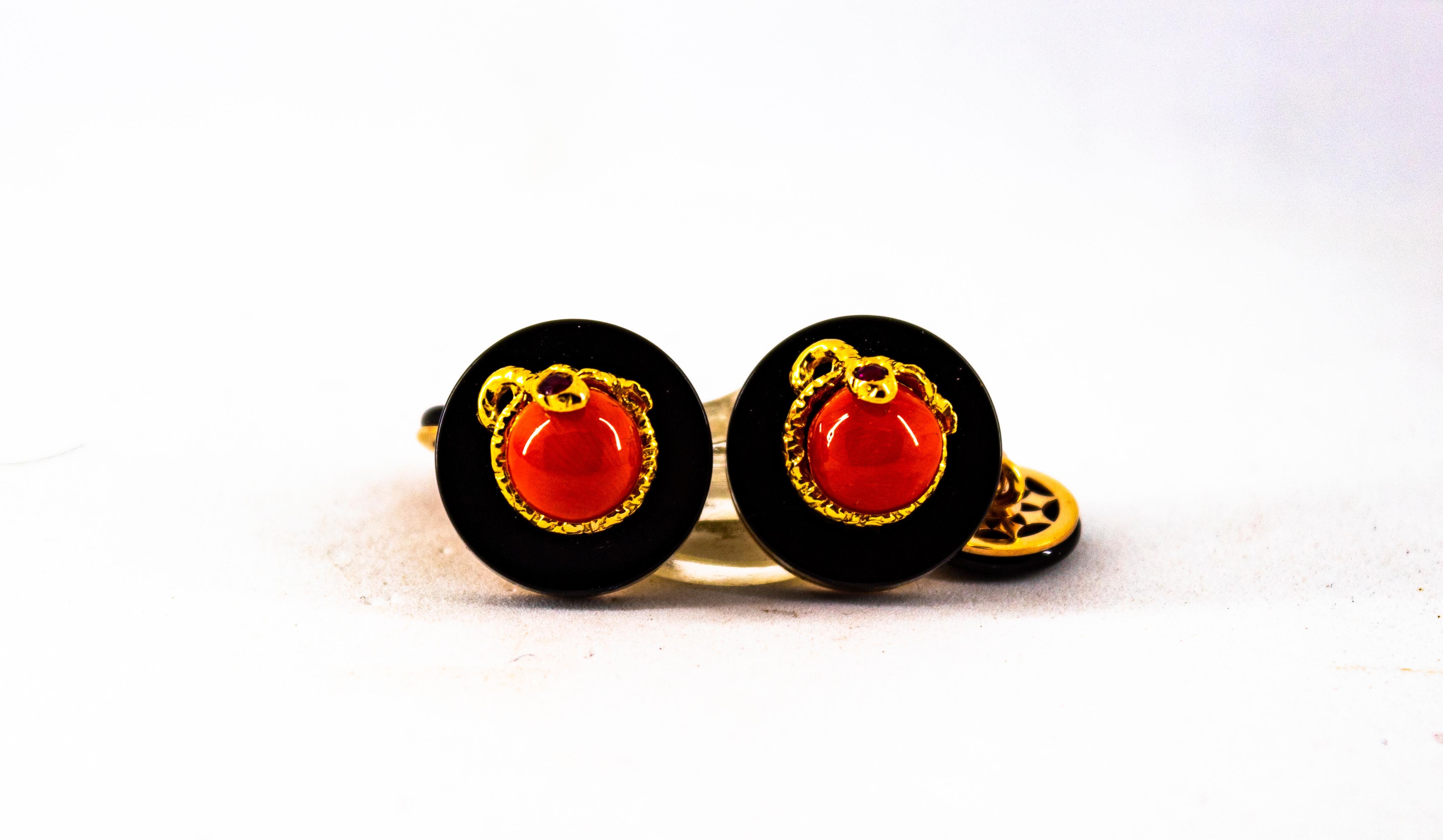 Mixed Cut Art Deco Style Mediterranean Red Coral Onyx Ruby Mother of Pearl Gold Cufflinks For Sale