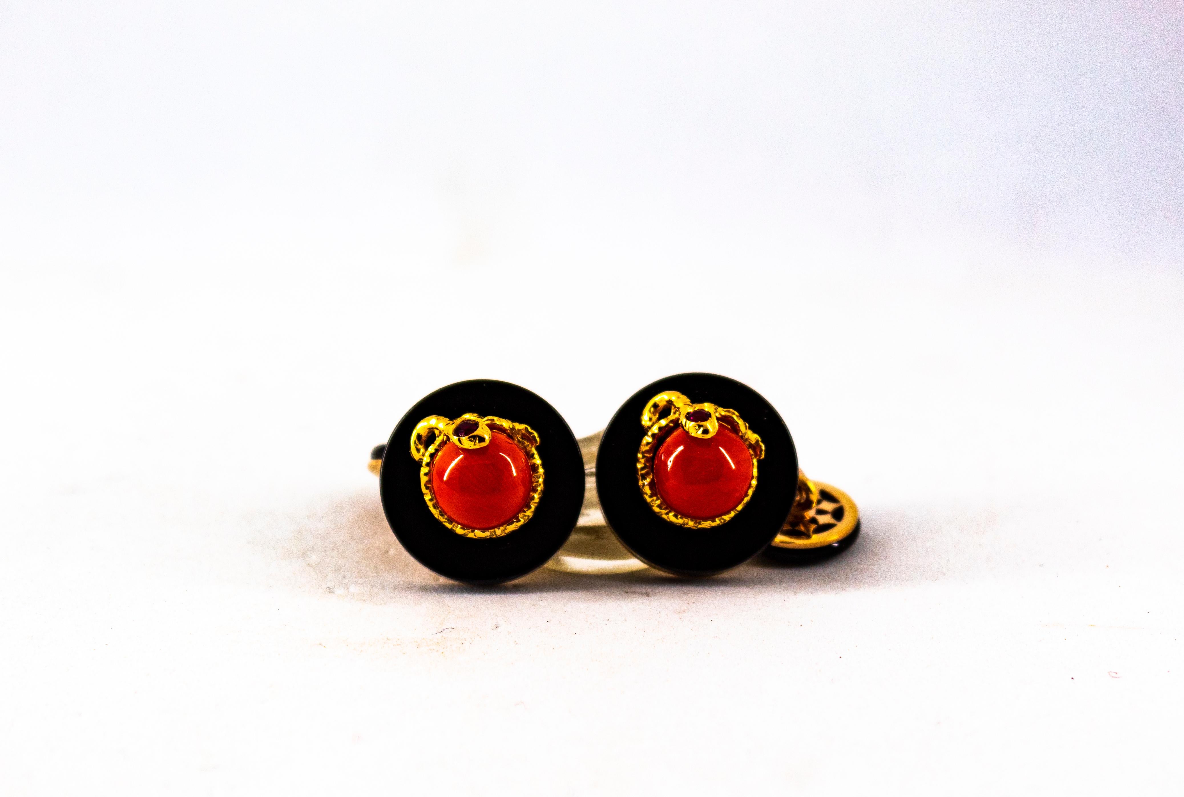 Women's or Men's Art Deco Style Mediterranean Red Coral Onyx Ruby Mother of Pearl Gold Cufflinks