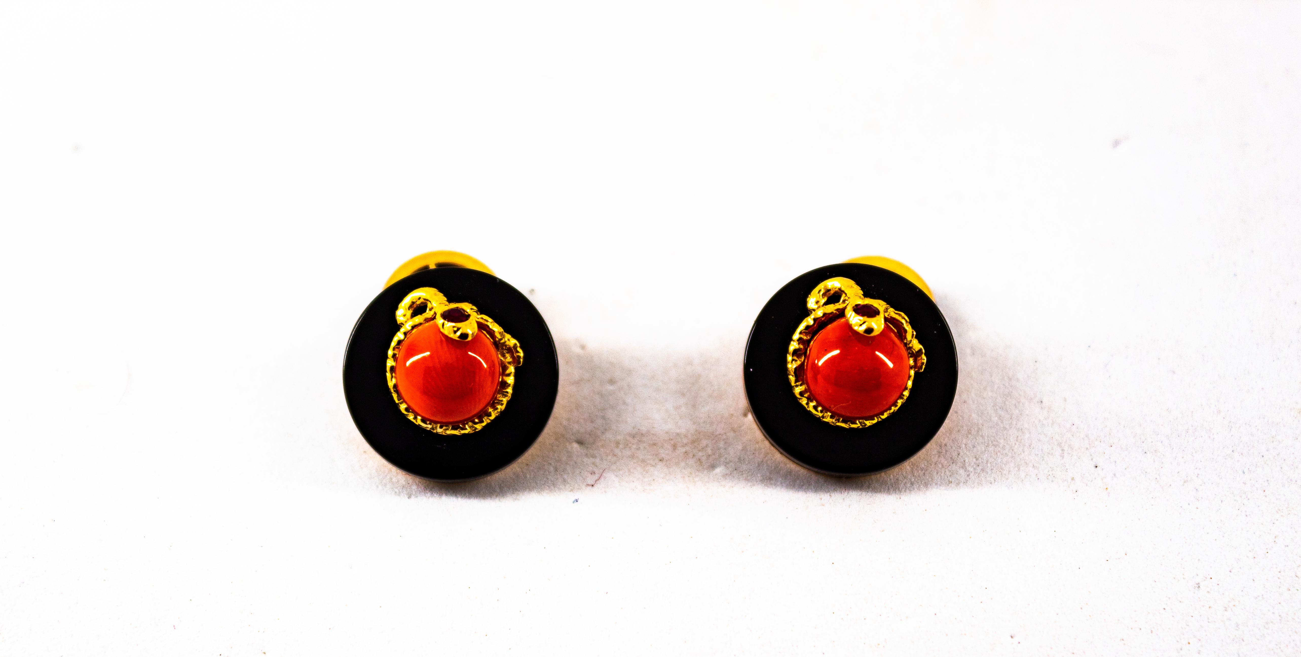 Art Deco Style Mediterranean Red Coral Onyx Ruby Mother of Pearl Gold Cufflinks For Sale 1