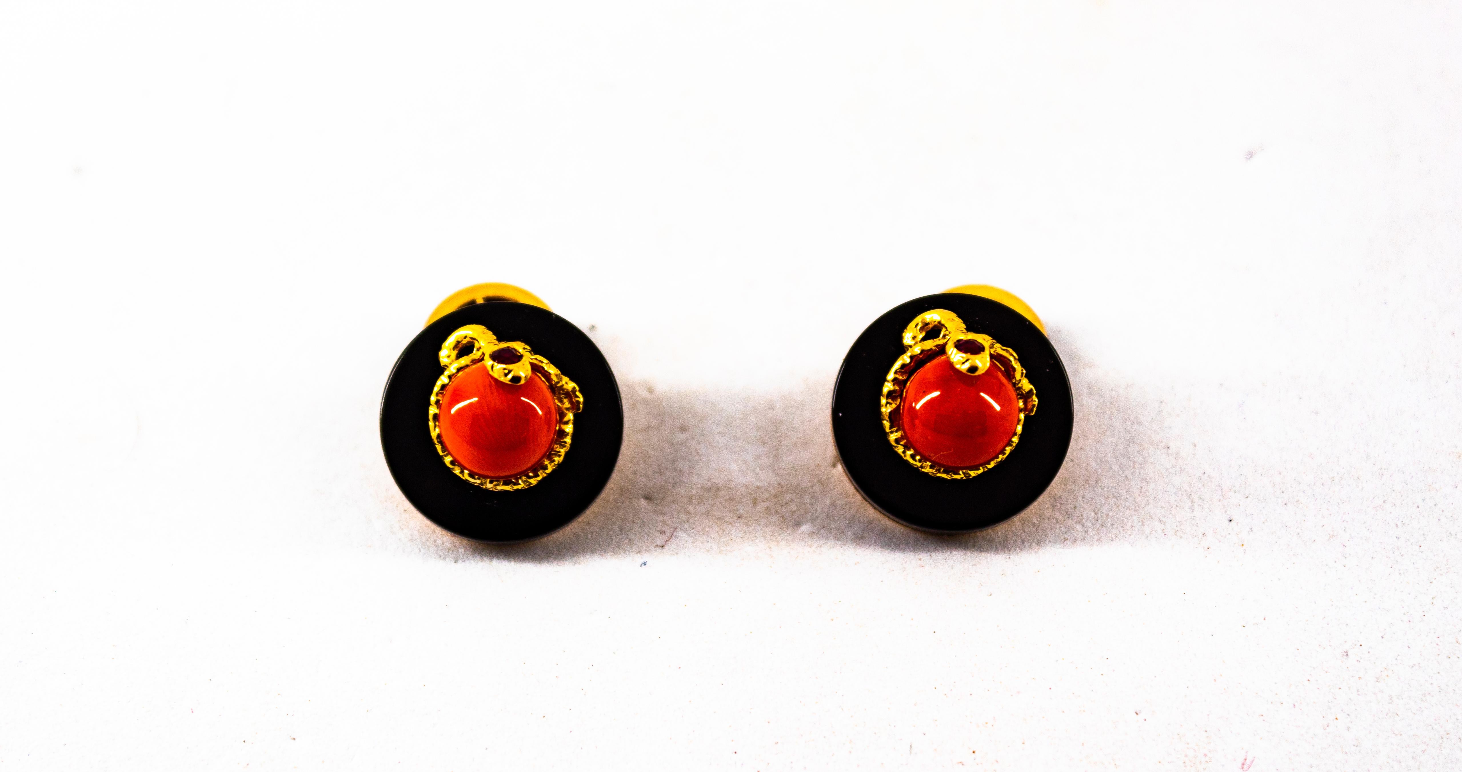 Art Deco Style Mediterranean Red Coral Onyx Ruby Mother of Pearl Gold Cufflinks 2
