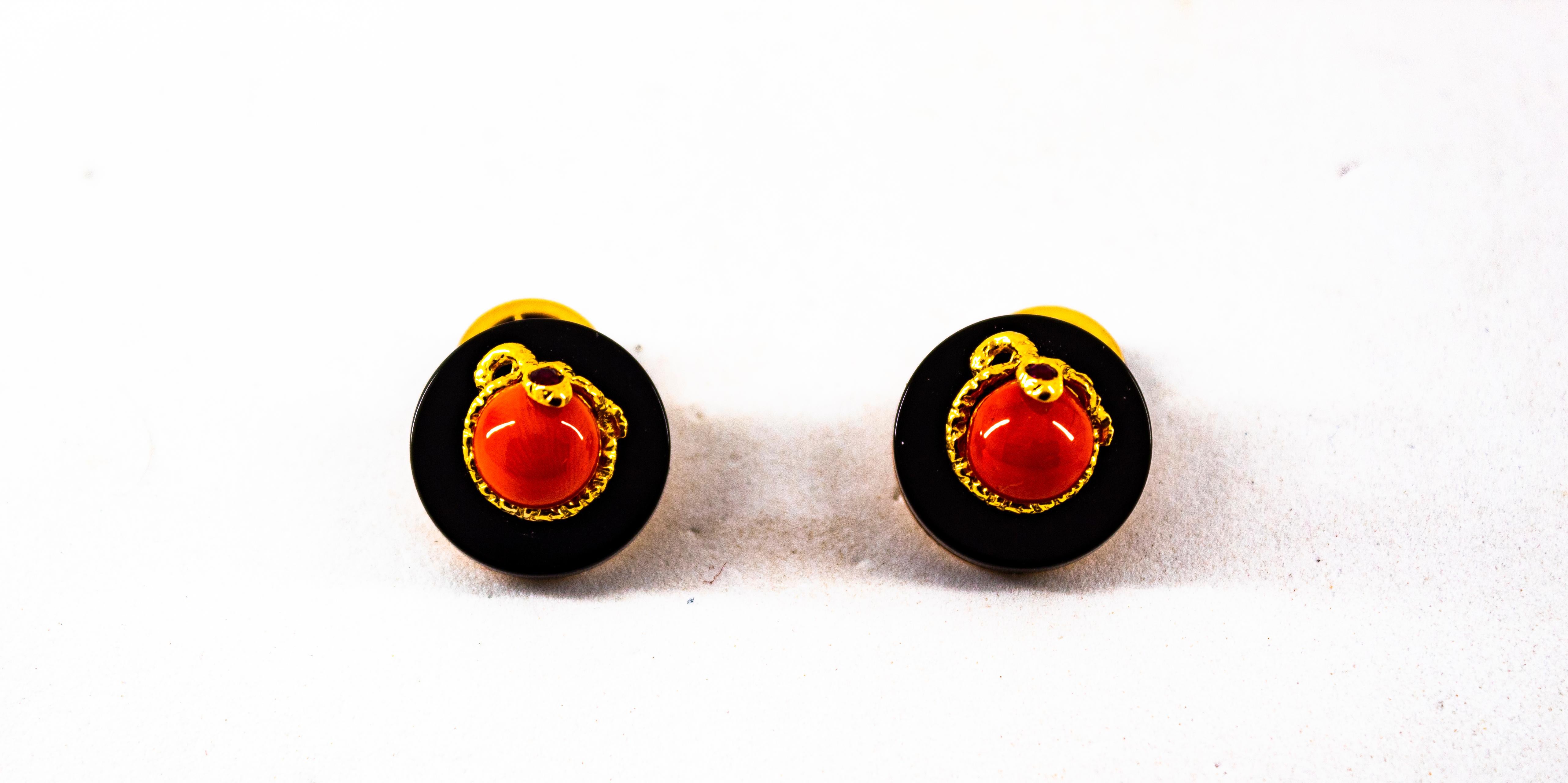 Art Deco Style Mediterranean Red Coral Onyx Ruby Mother of Pearl Gold Cufflinks For Sale 3