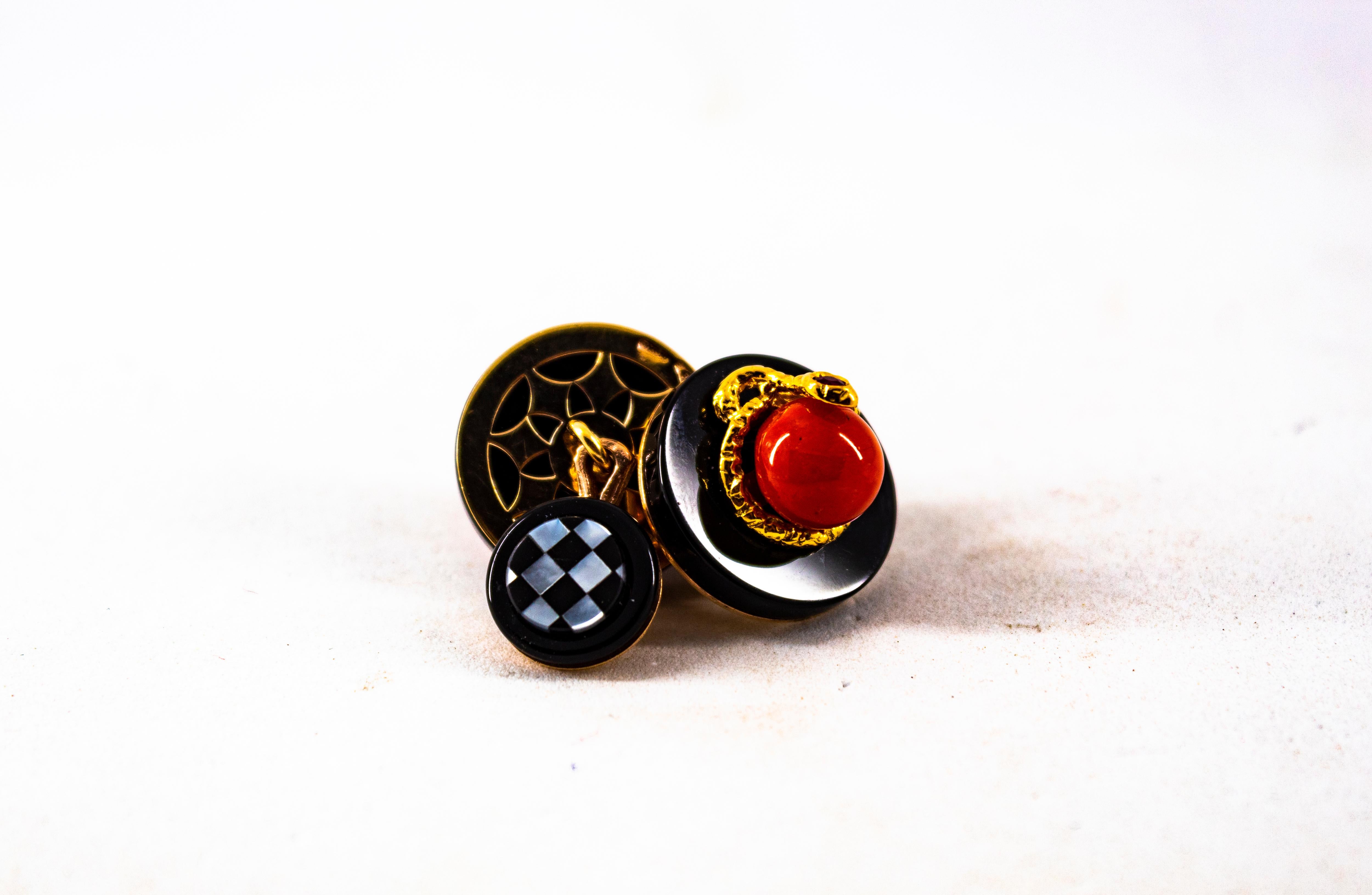 Art Deco Style Mediterranean Red Coral Onyx Ruby Mother of Pearl Gold Cufflinks For Sale 4