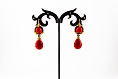 Art Deco Style Mediterranean Red Coral Onyx White Diamond Yellow Gold Earrings