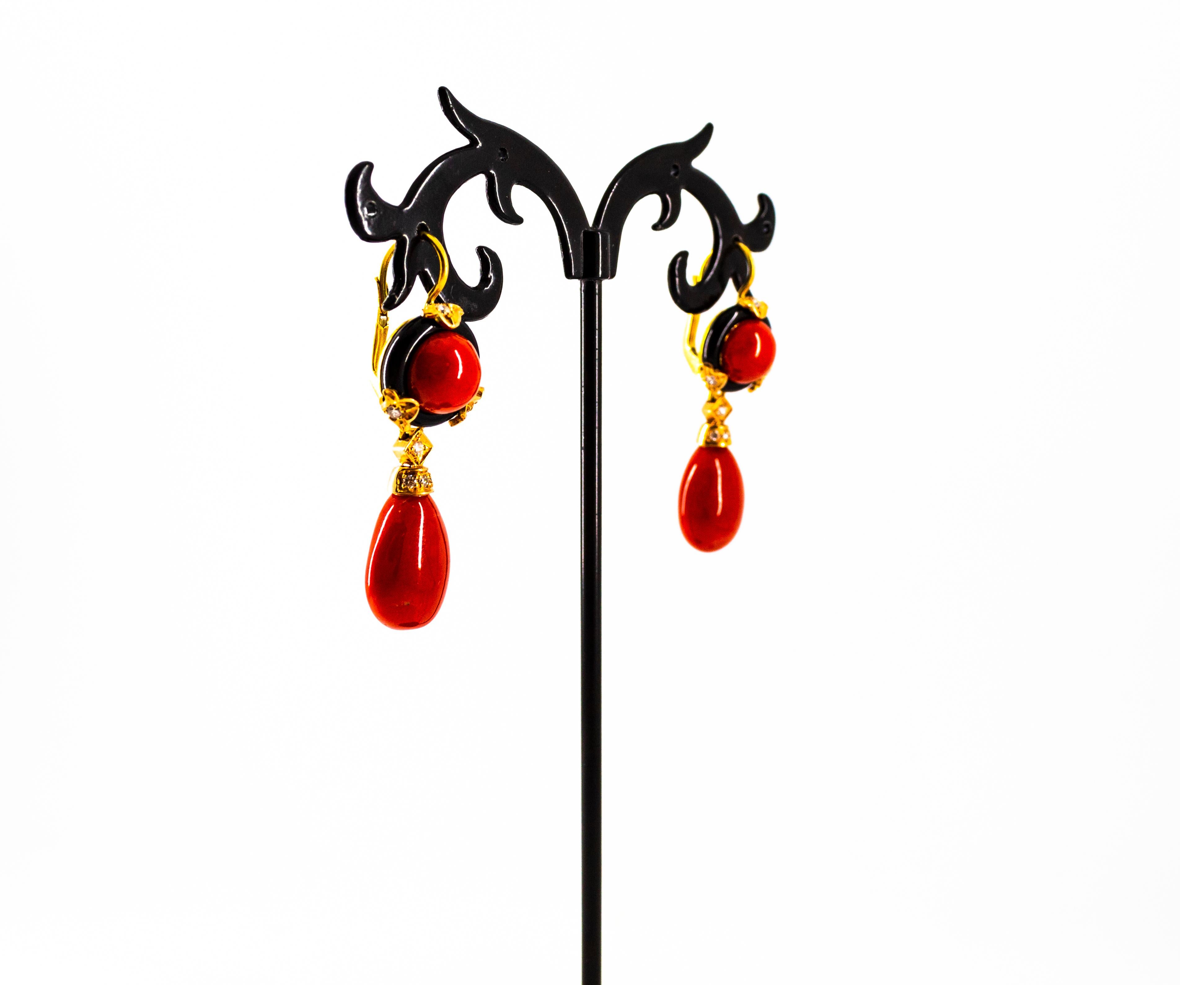 Brilliant Cut Art Deco Style Mediterranean Red Coral Onyx White Diamond Yellow Gold Earrings For Sale