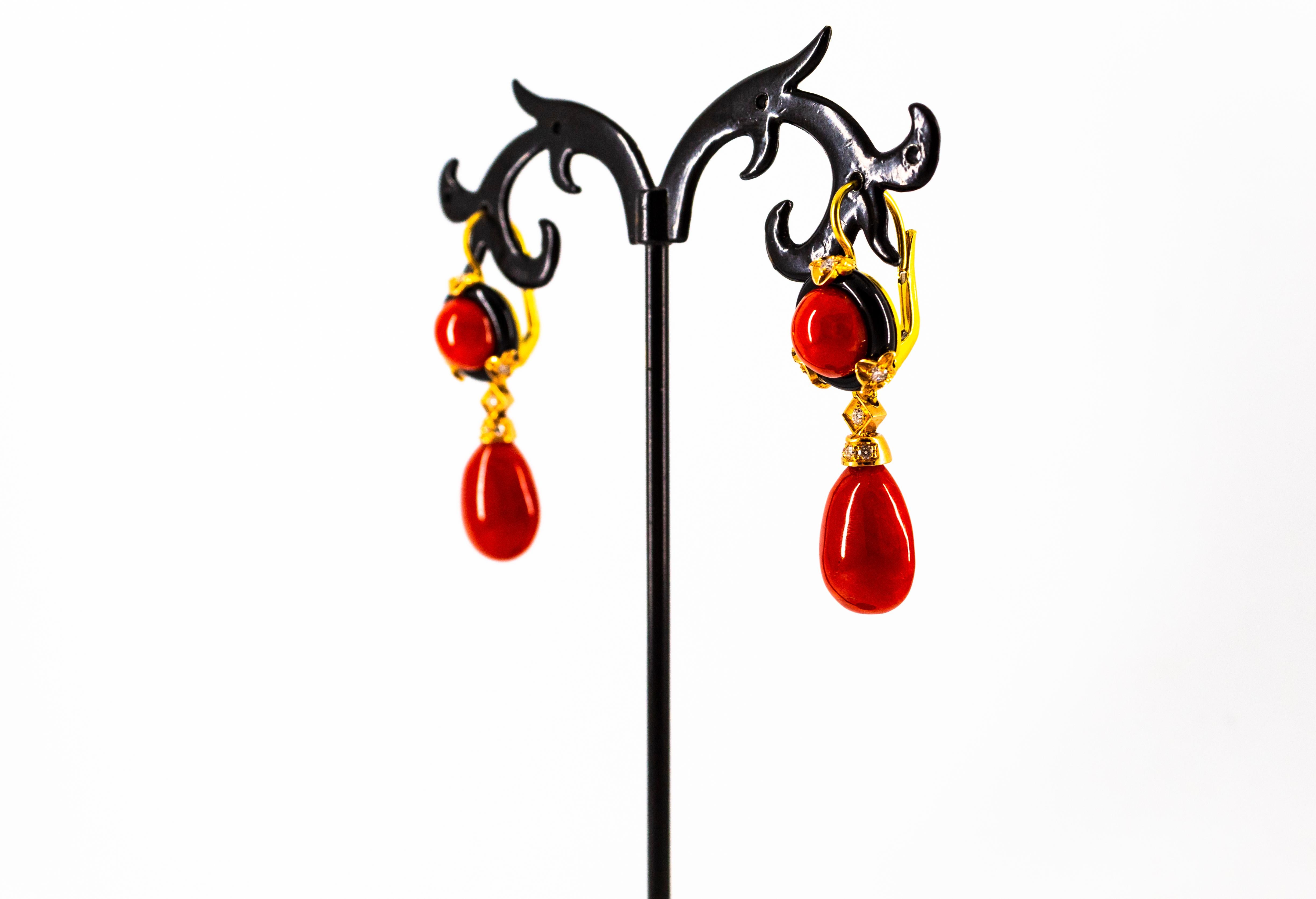 Women's or Men's Art Deco Style Mediterranean Red Coral Onyx White Diamond Yellow Gold Earrings