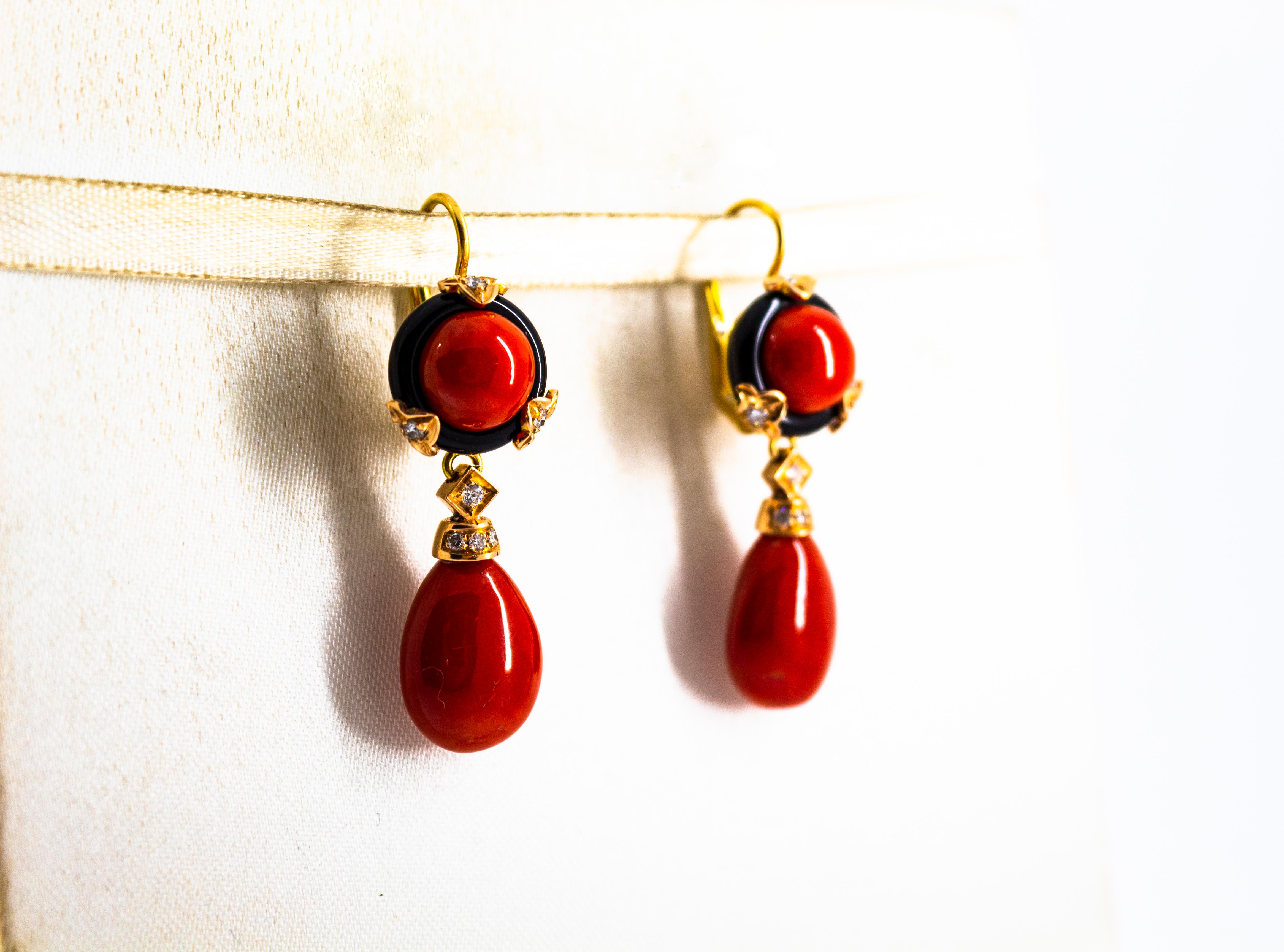Art Deco Style Mediterranean Red Coral Onyx White Diamond Yellow Gold Earrings For Sale 2