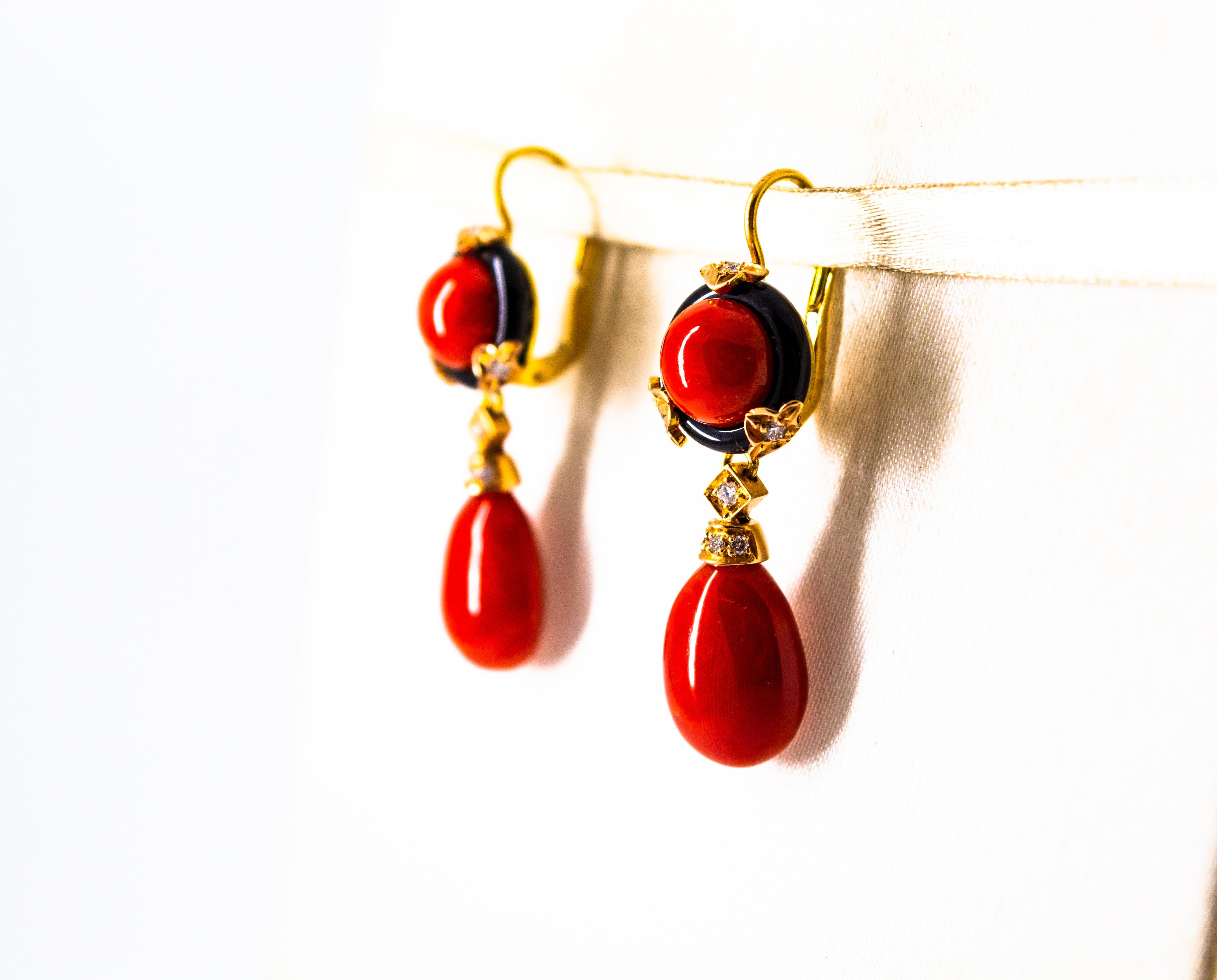Art Deco Style Mediterranean Red Coral Onyx White Diamond Yellow Gold Earrings For Sale 3
