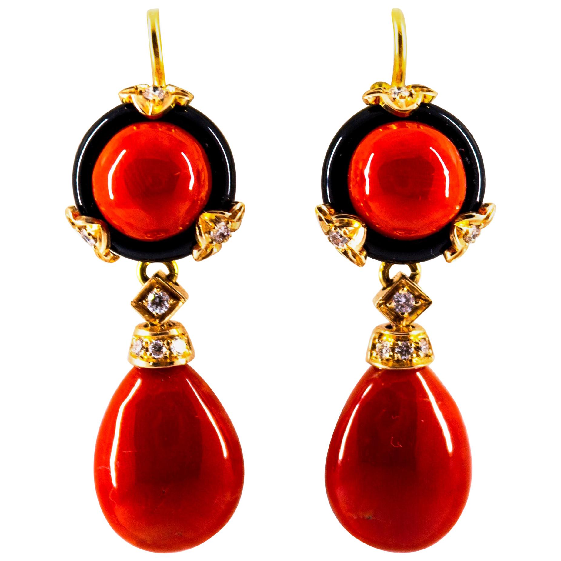 Art Deco Style Mediterranean Red Coral Onyx White Diamond Yellow Gold Earrings