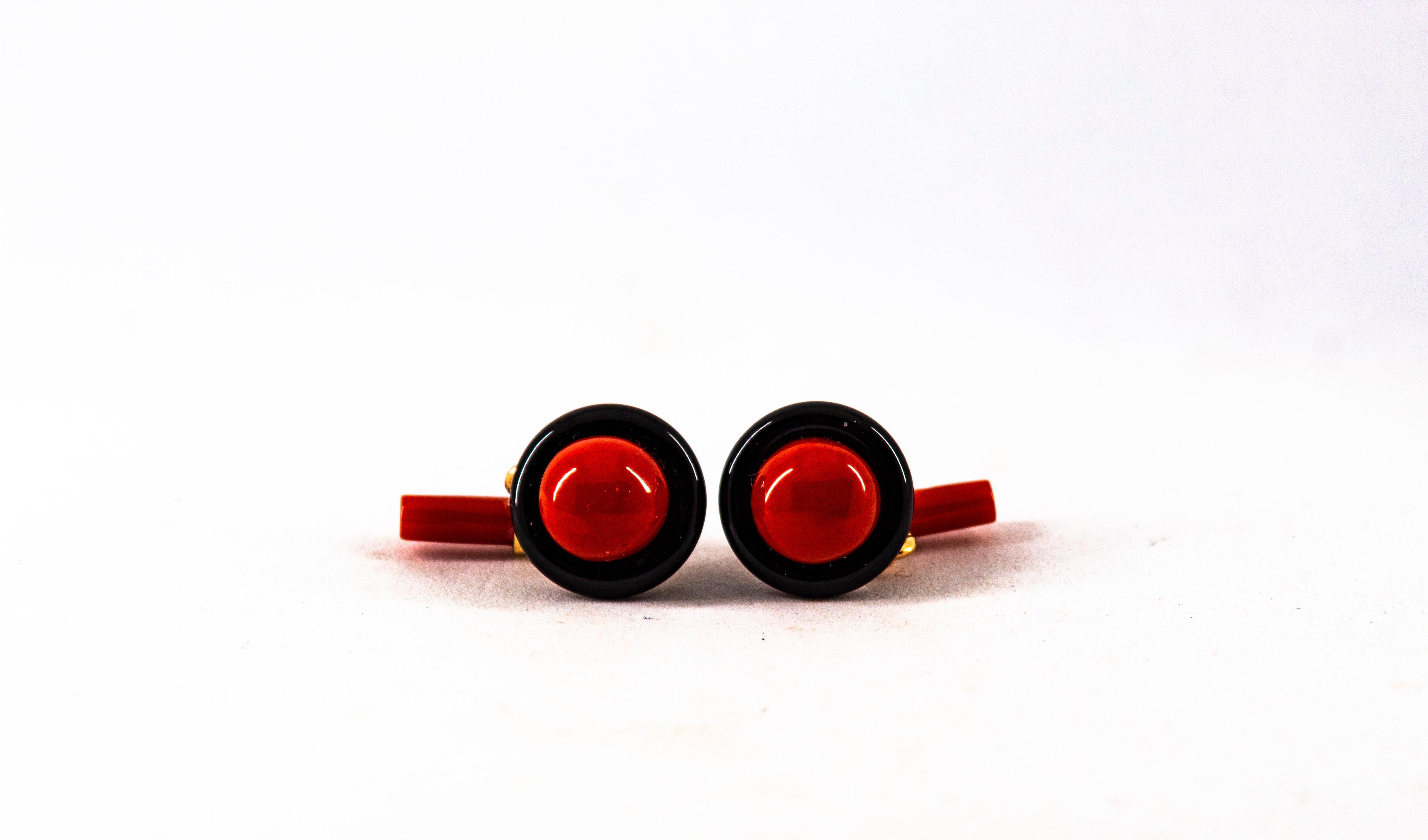 Mixed Cut Art Deco Style Mediterranean Red Coral Onyx Yellow Gold Cufflinks