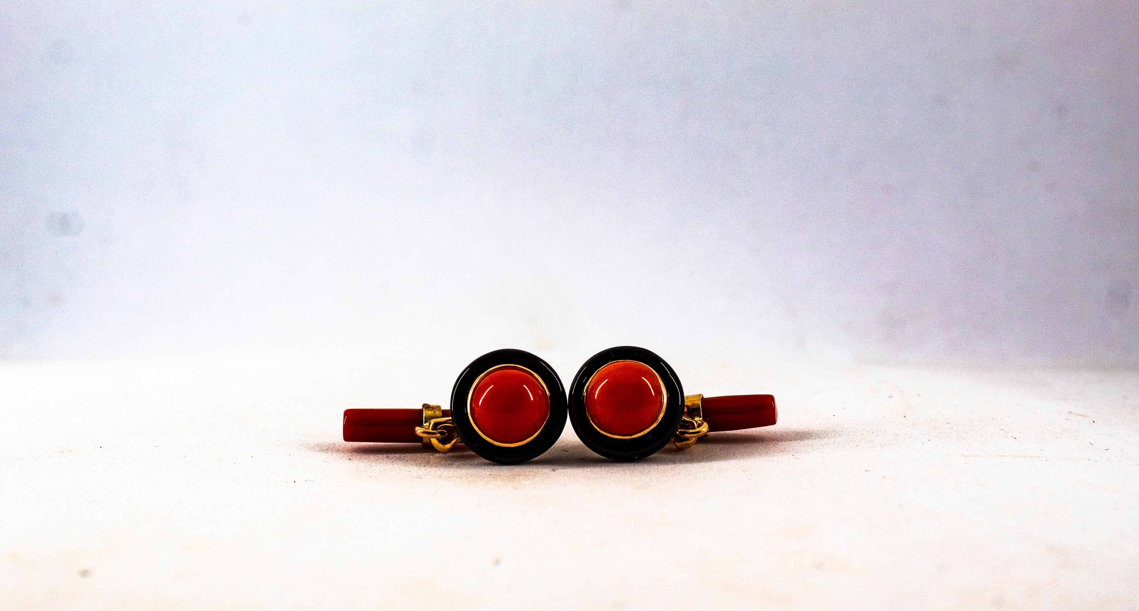 Art Deco Style Mediterranean Red Coral Onyx Yellow Gold Cufflinks In New Condition In Naples, IT