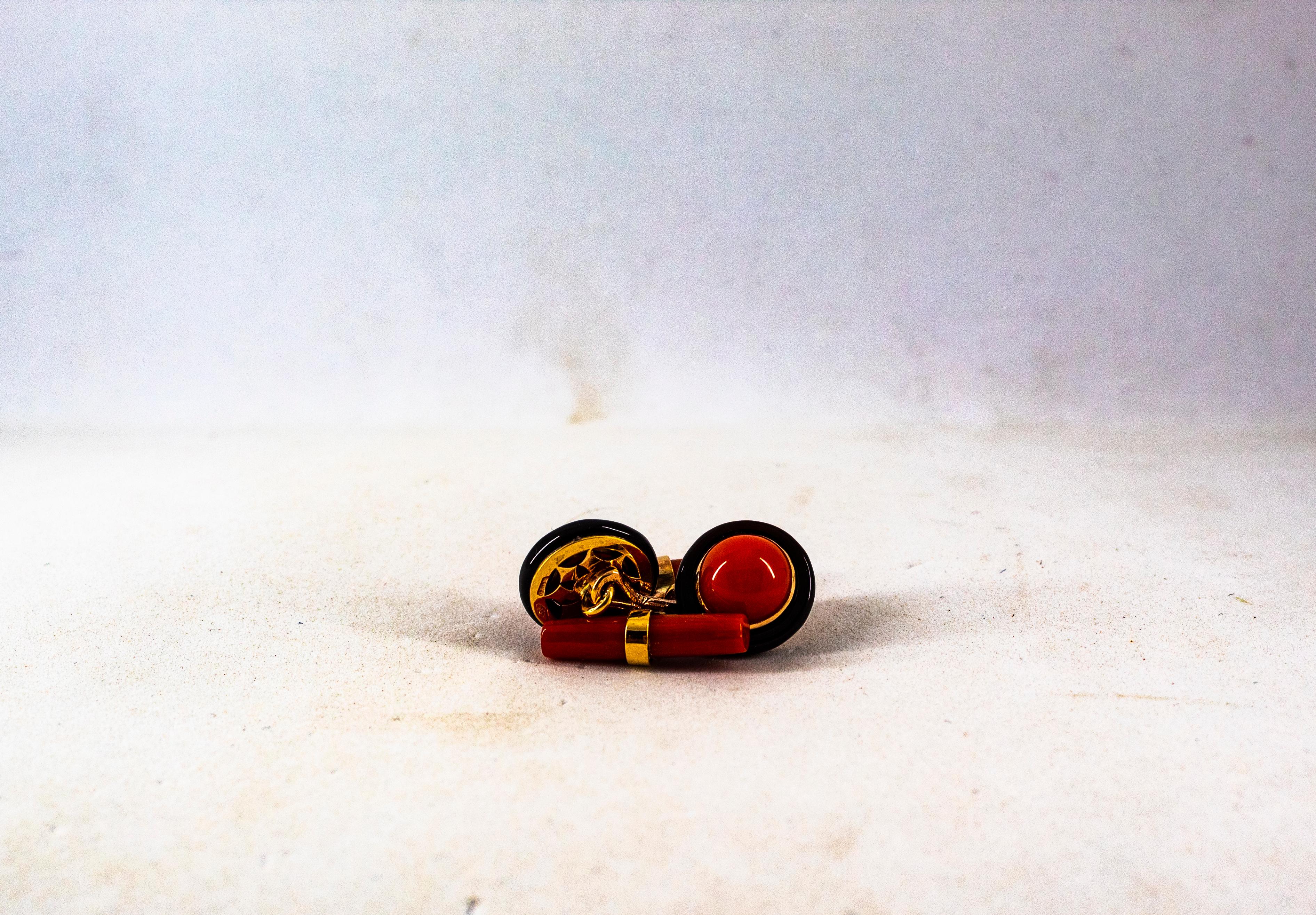 Art Deco Style Mediterranean Red Coral Onyx Yellow Gold Cufflinks For Sale 1
