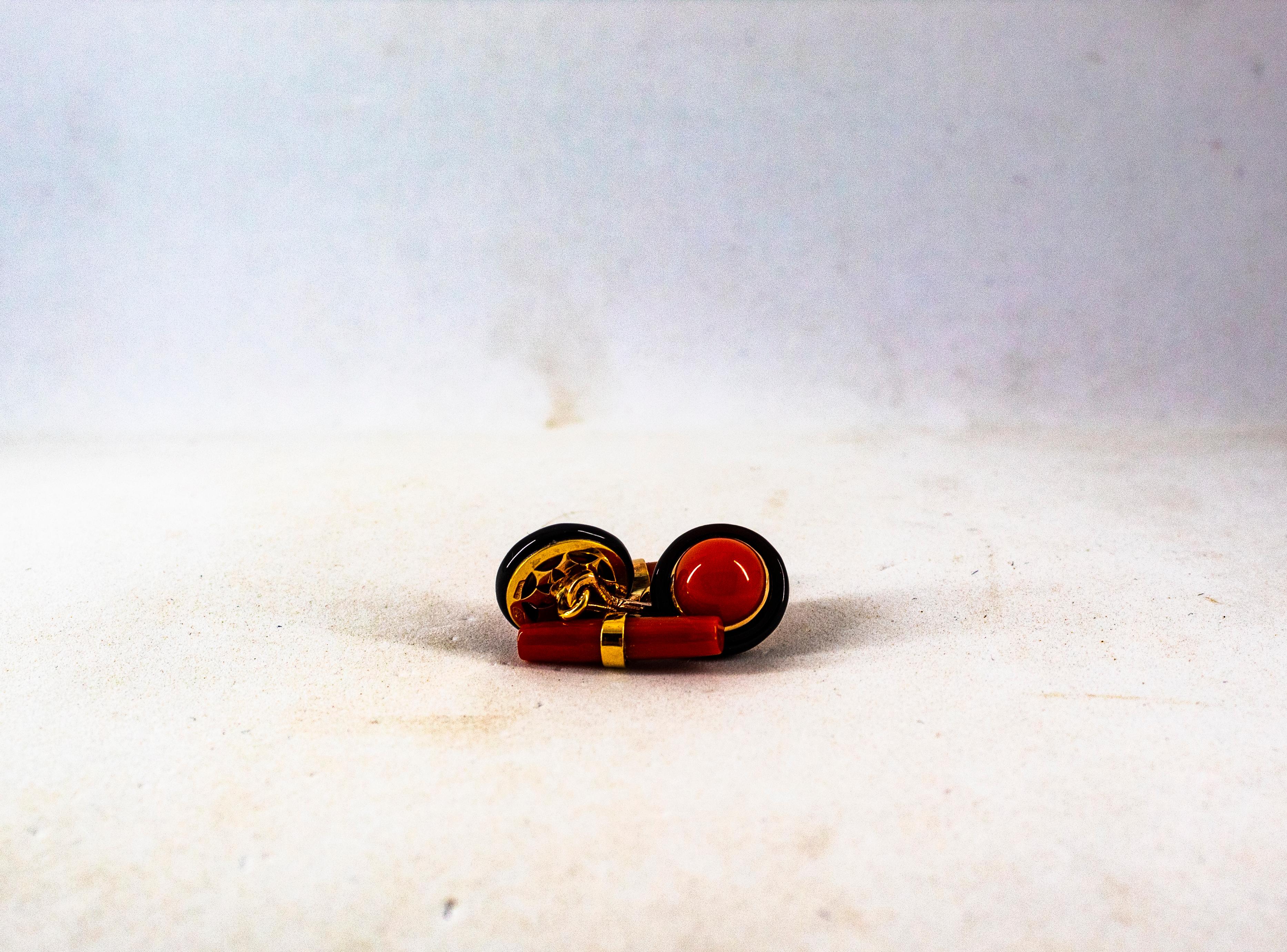 Art Deco Style Mediterranean Red Coral Onyx Yellow Gold Cufflinks For Sale 2