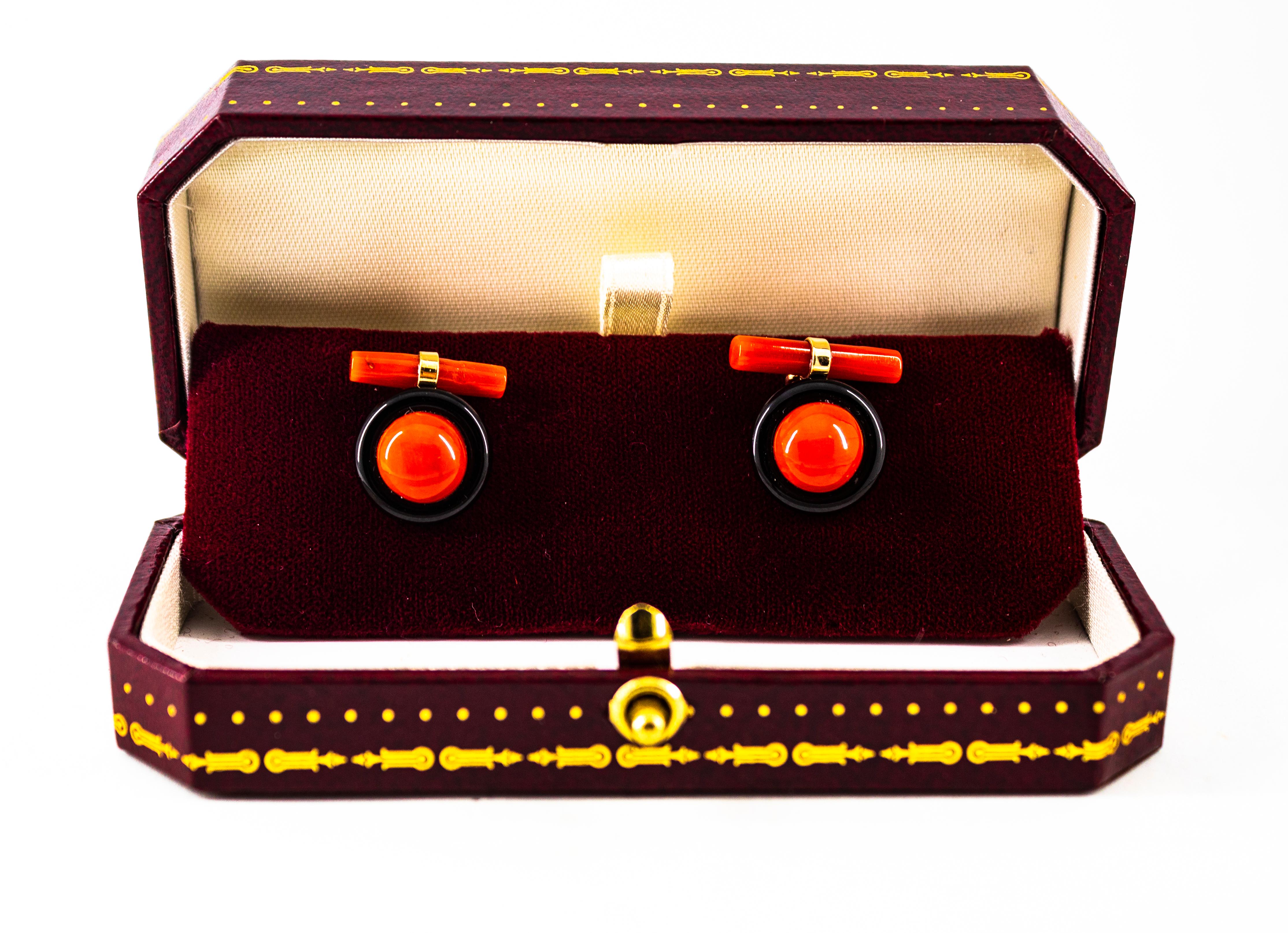 Art Deco Style Mediterranean Red Coral Onyx Yellow Gold Cufflinks For Sale 3