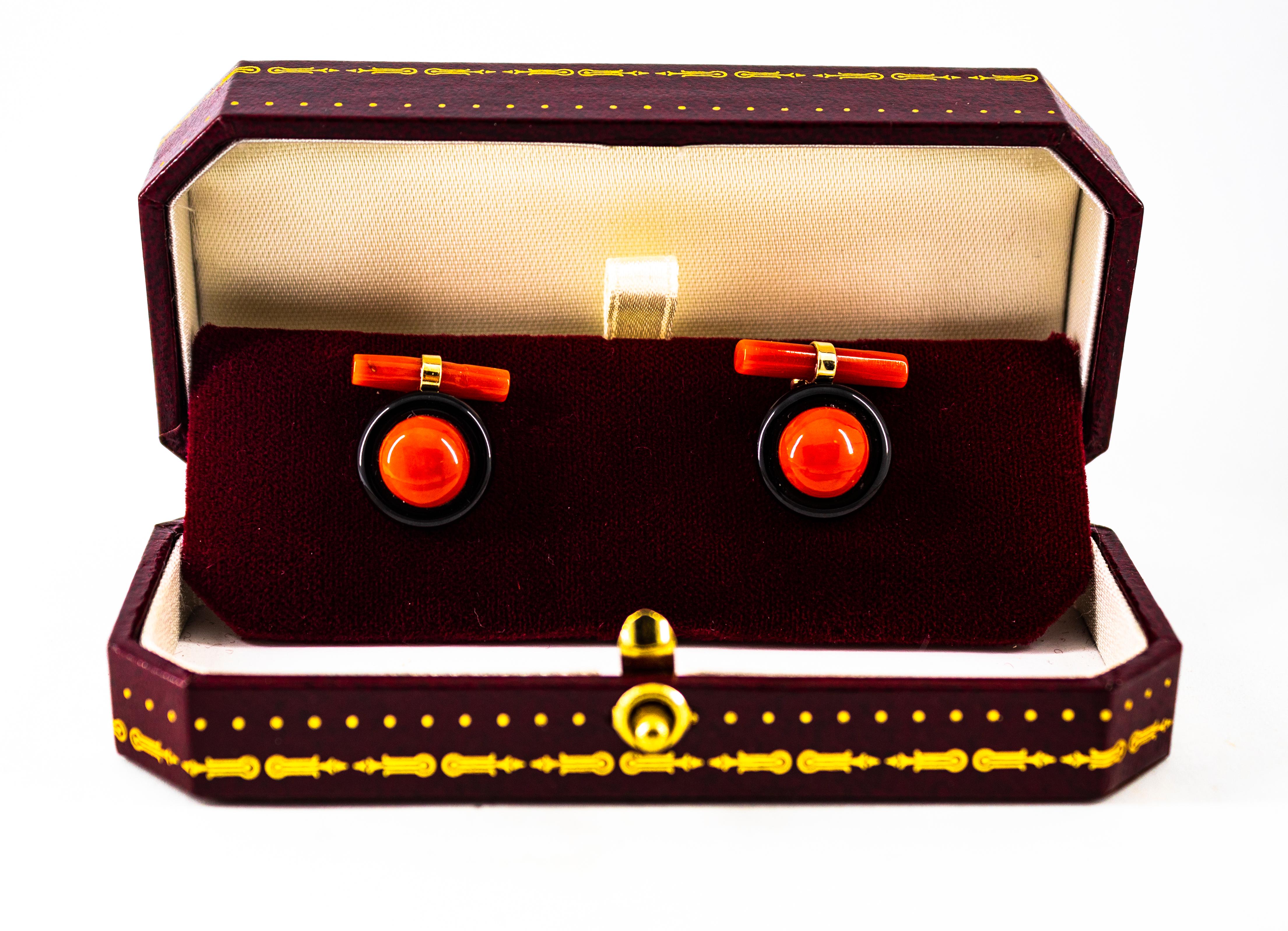 Art Deco Style Mediterranean Red Coral Onyx Yellow Gold Cufflinks For Sale 4