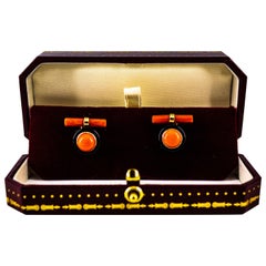 Gemelos de Oro Amarillo Coral Rojo Ónice Mediterráneo Estilo Art Déco