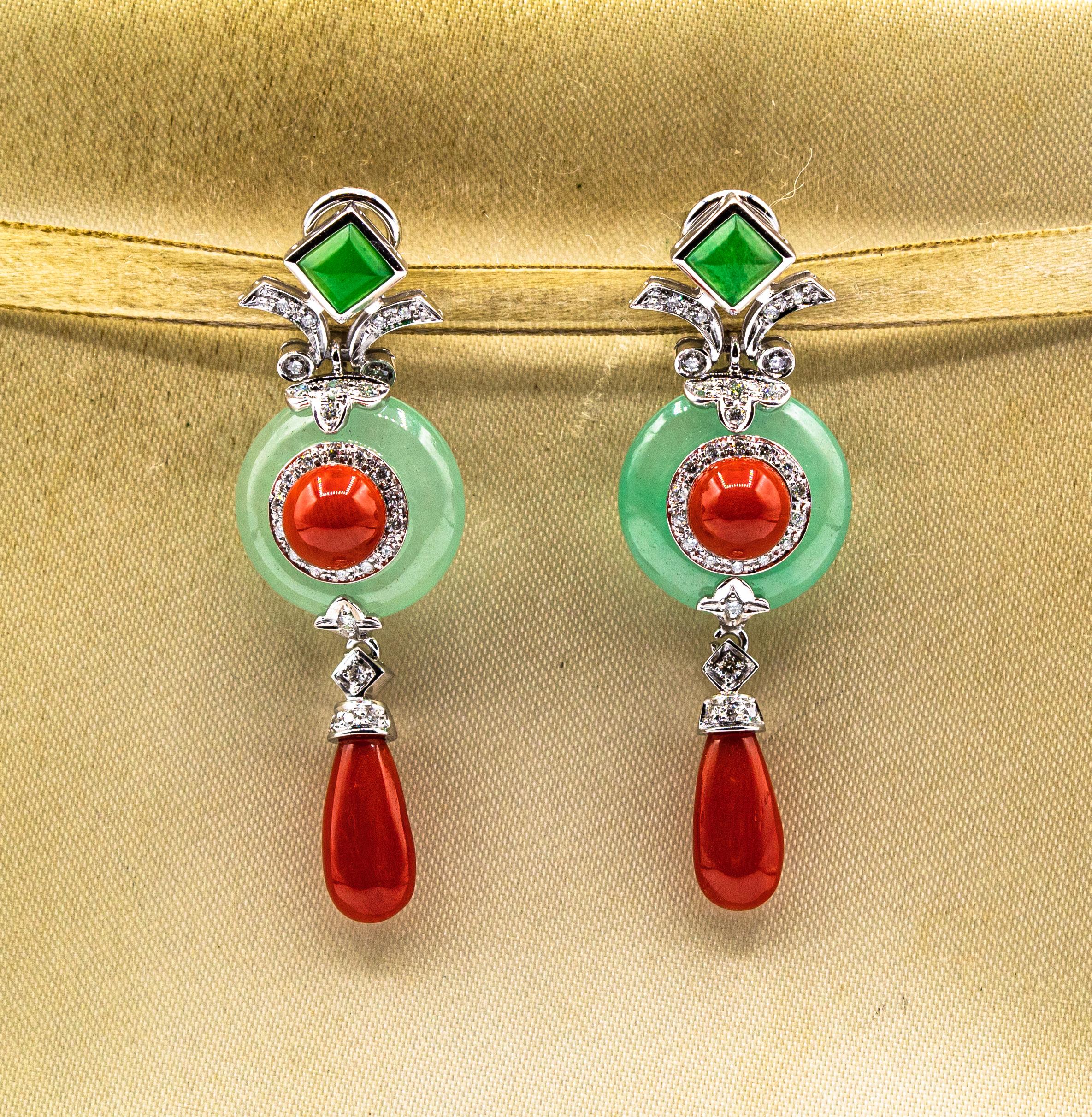 Art Deco Style Mediterranean Red Coral White Diamond Jade White Gold Earrings For Sale 5