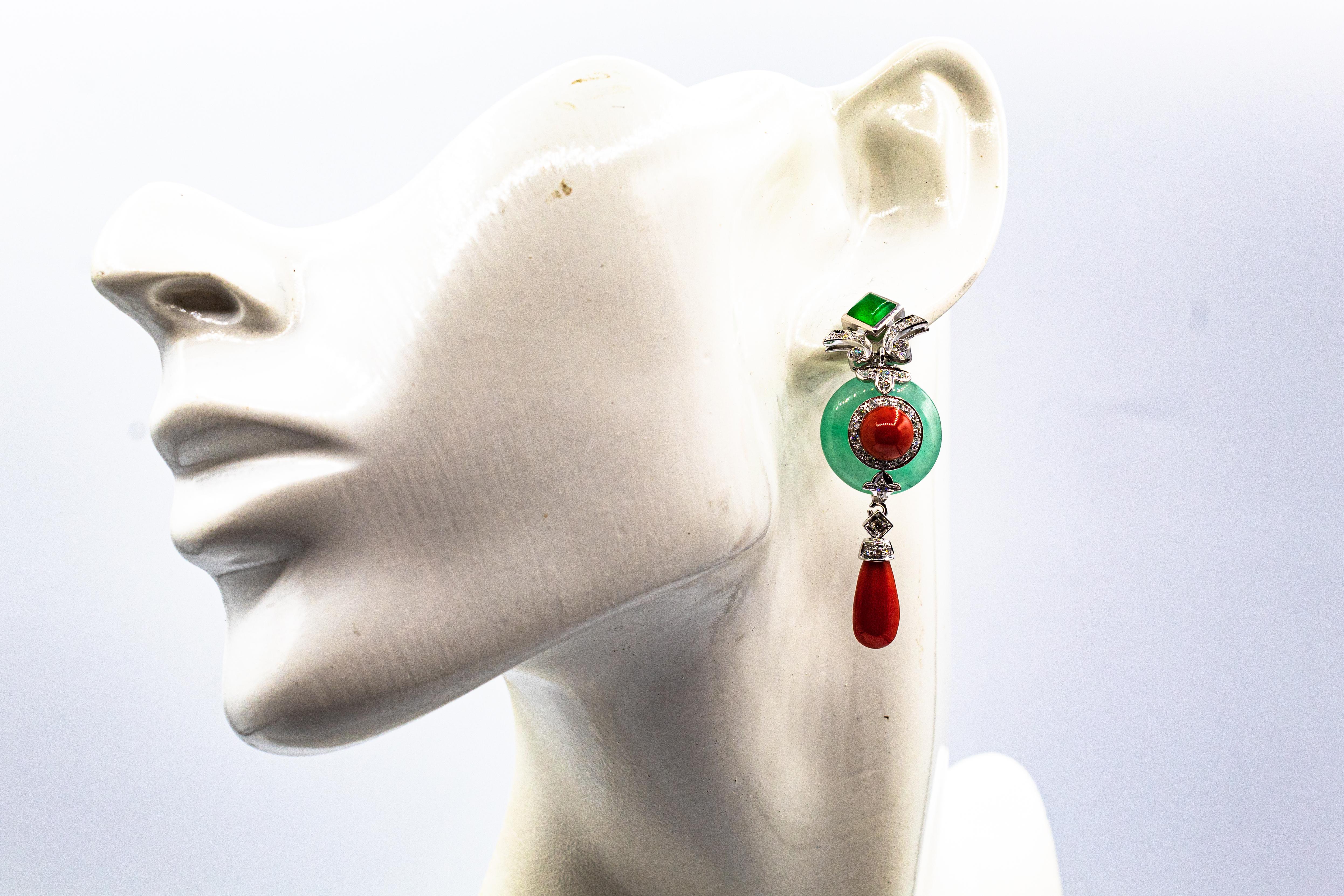 Art Deco Style Mediterranean Red Coral White Diamond Jade White Gold Earrings For Sale 6