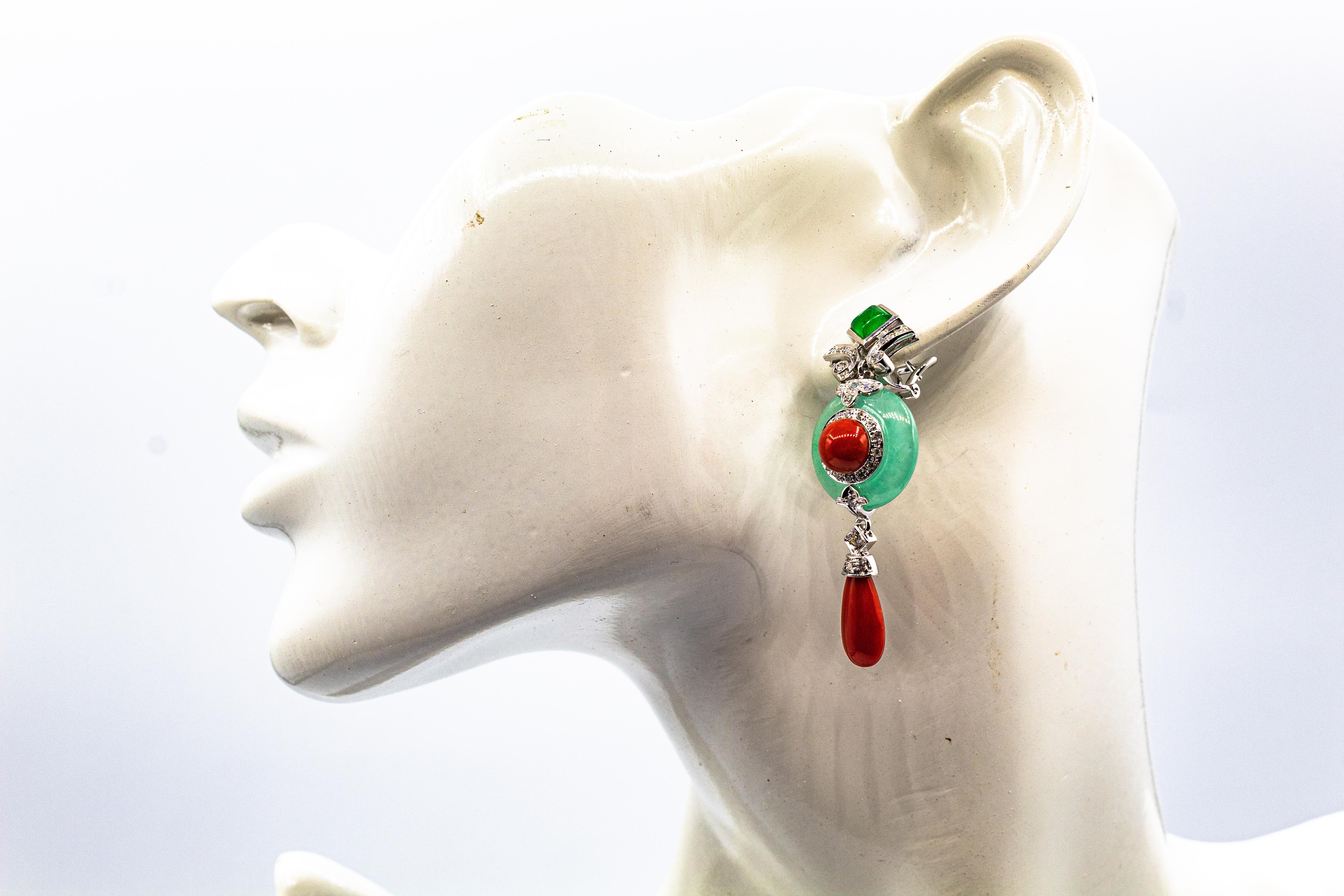 Art Deco Style Mediterranean Red Coral White Diamond Jade White Gold Earrings For Sale 7
