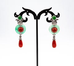 Art Deco Style Mediterranean Red Coral White Diamond Jade White Gold Earrings