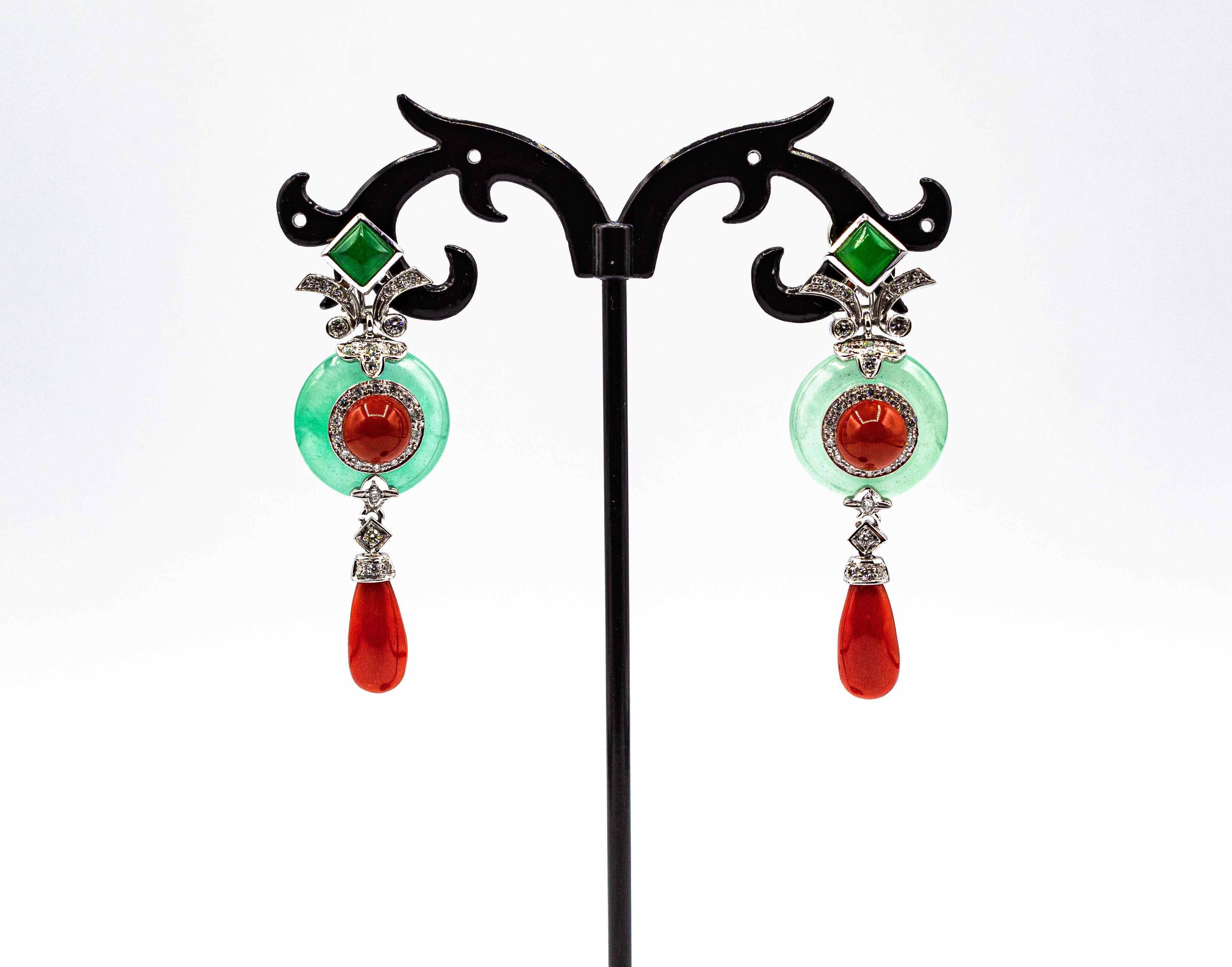 Brilliant Cut Art Deco Style Mediterranean Red Coral White Diamond Jade White Gold Earrings For Sale