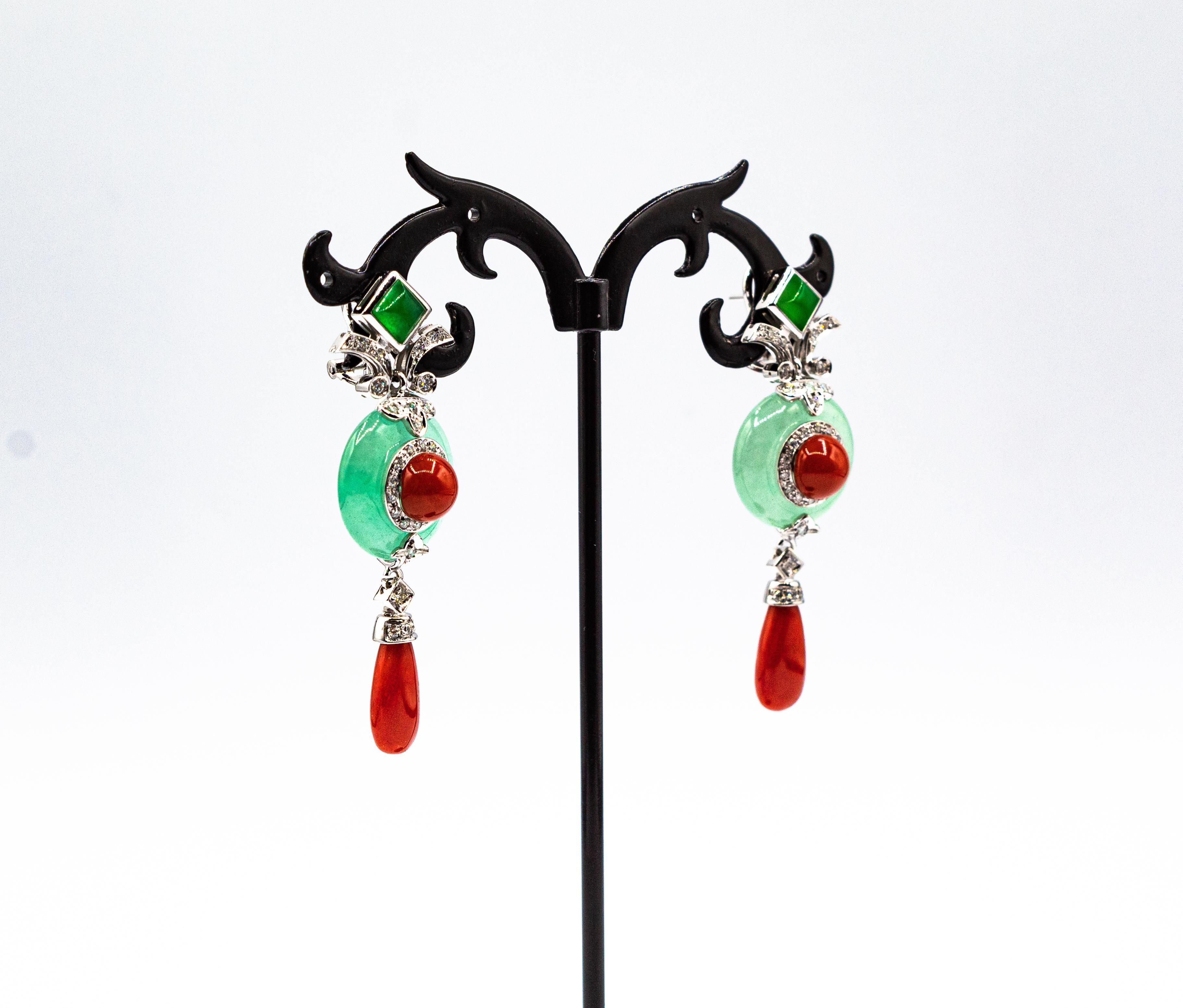 Art Deco Style Mediterranean Red Coral White Diamond Jade White Gold Earrings In New Condition For Sale In Naples, IT
