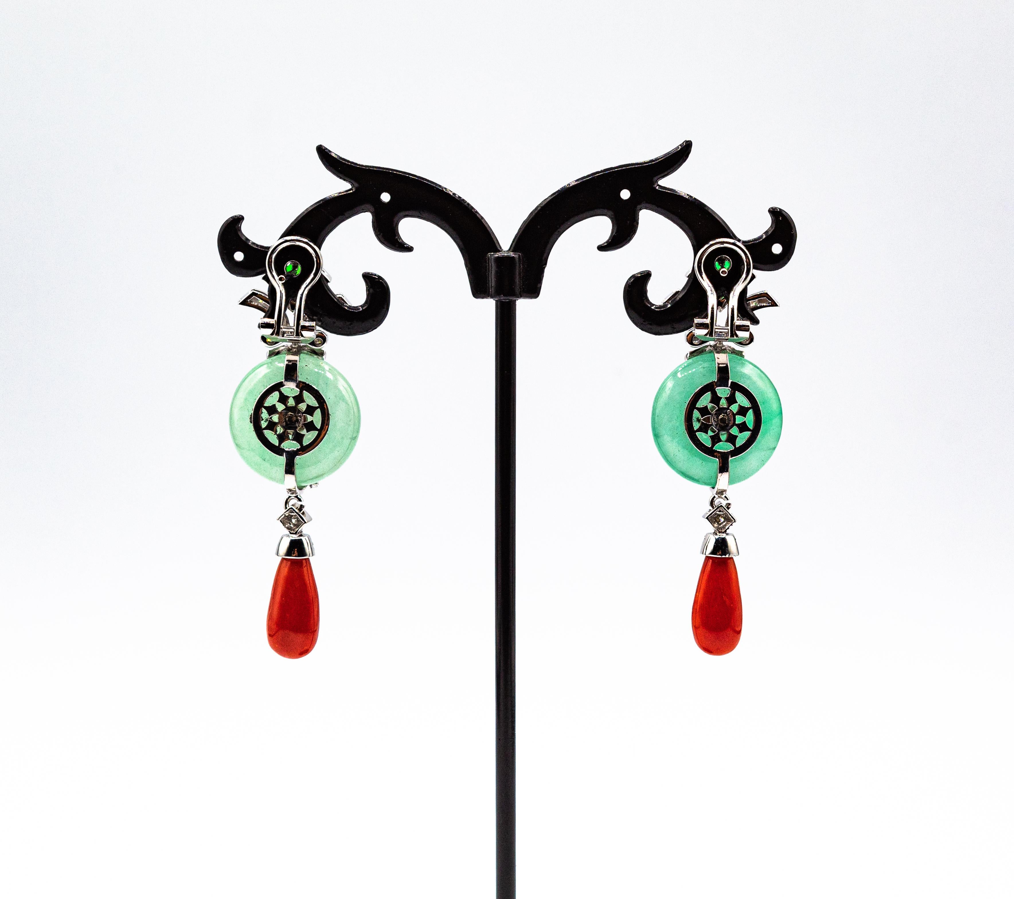 Women's or Men's Art Deco Style Mediterranean Red Coral White Diamond Jade White Gold Earrings For Sale