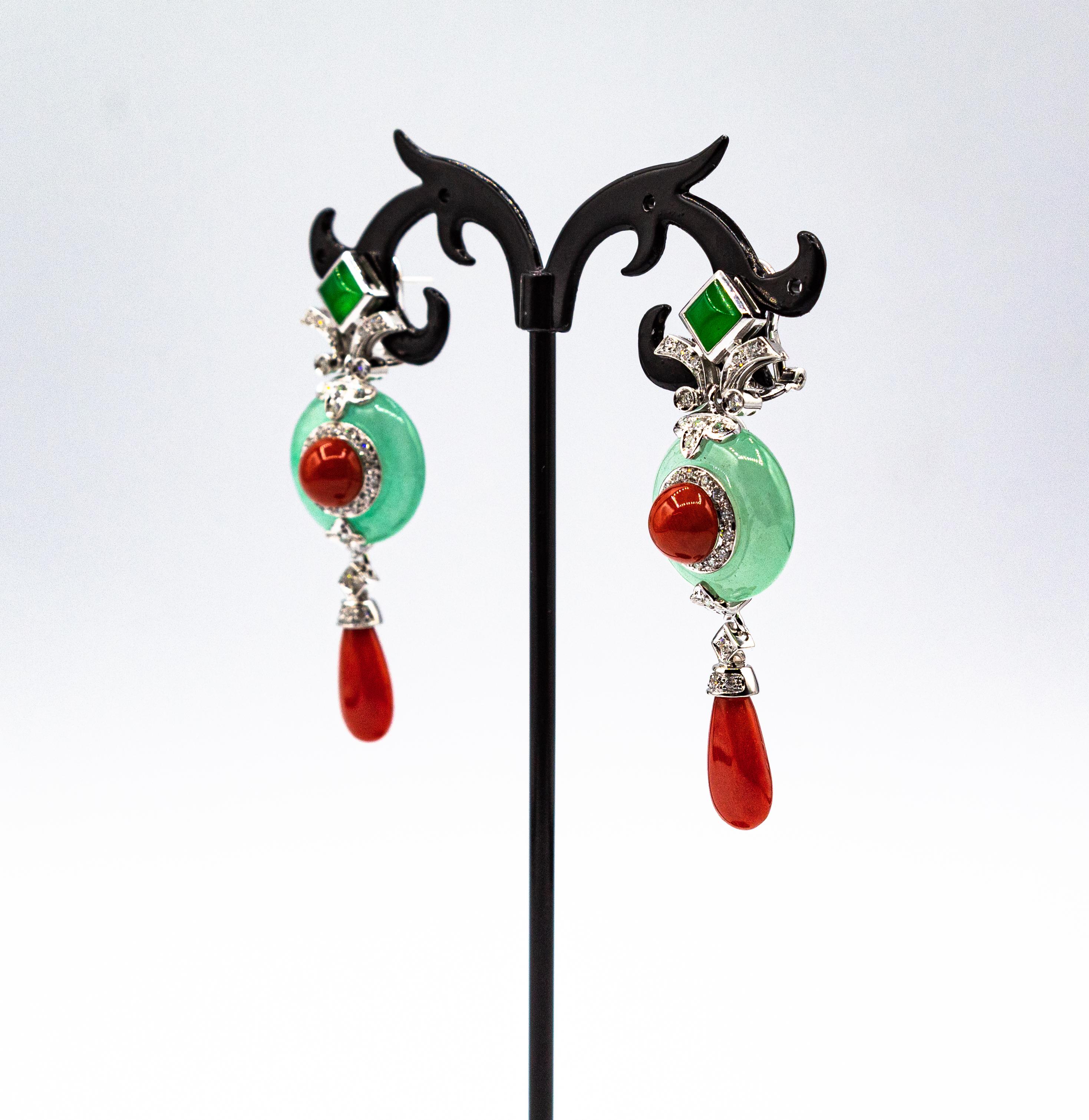 Art Deco Style Mediterranean Red Coral White Diamond Jade White Gold Earrings For Sale 1