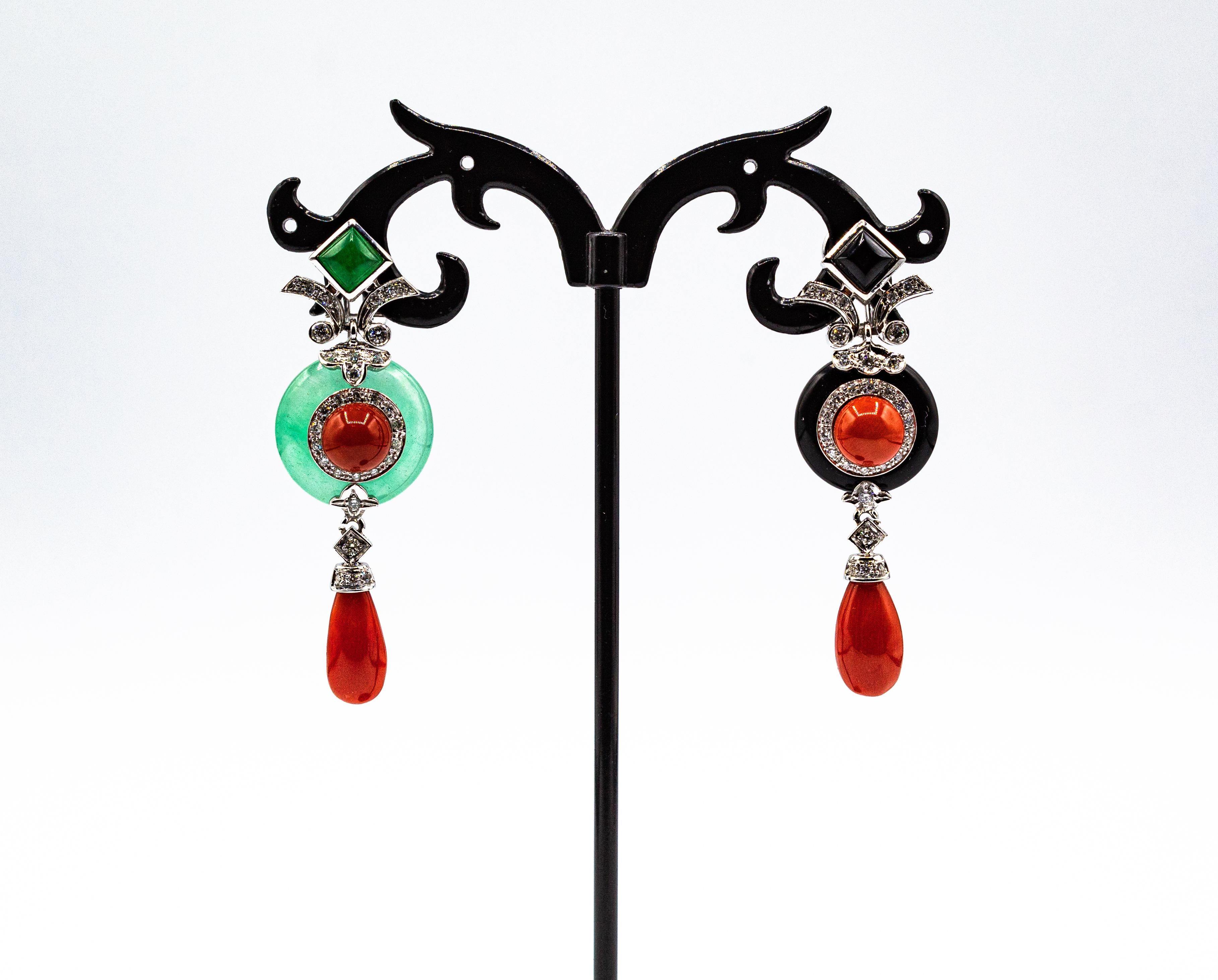 Art Deco Style Mediterranean Red Coral White Diamond Jade White Gold Earrings For Sale 2