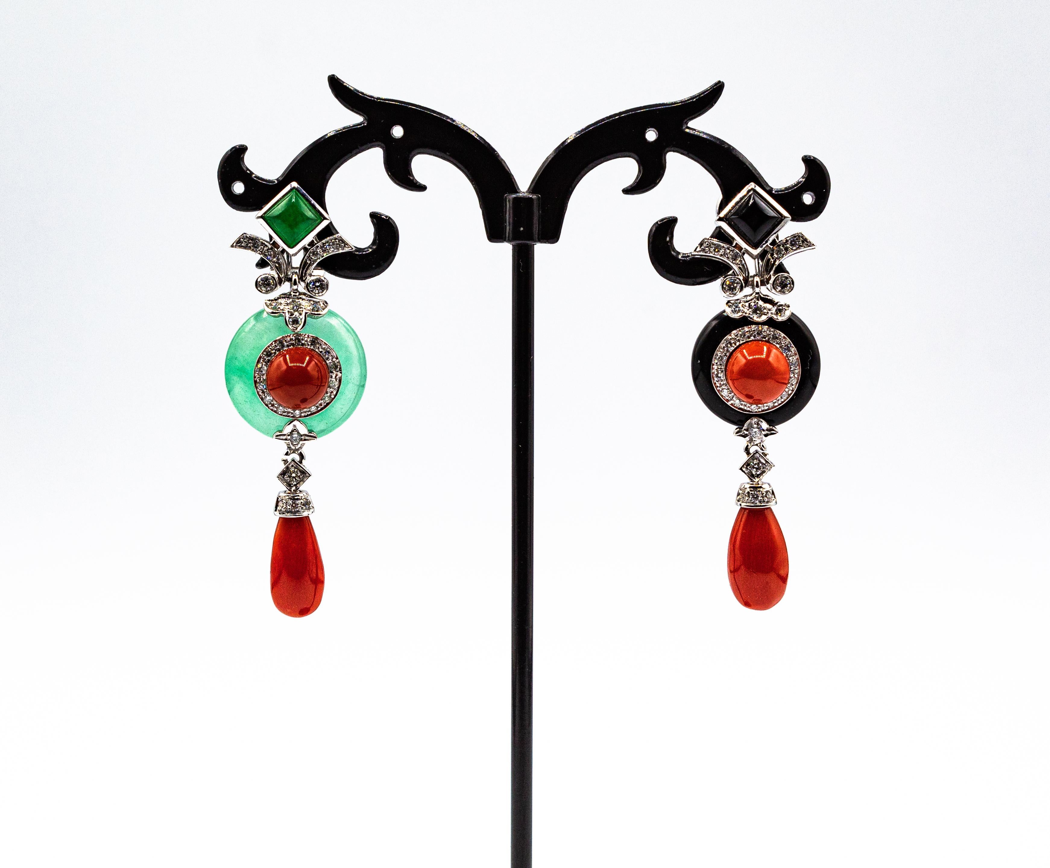 Art Deco Style Mediterranean Red Coral White Diamond Jade White Gold Earrings For Sale 3