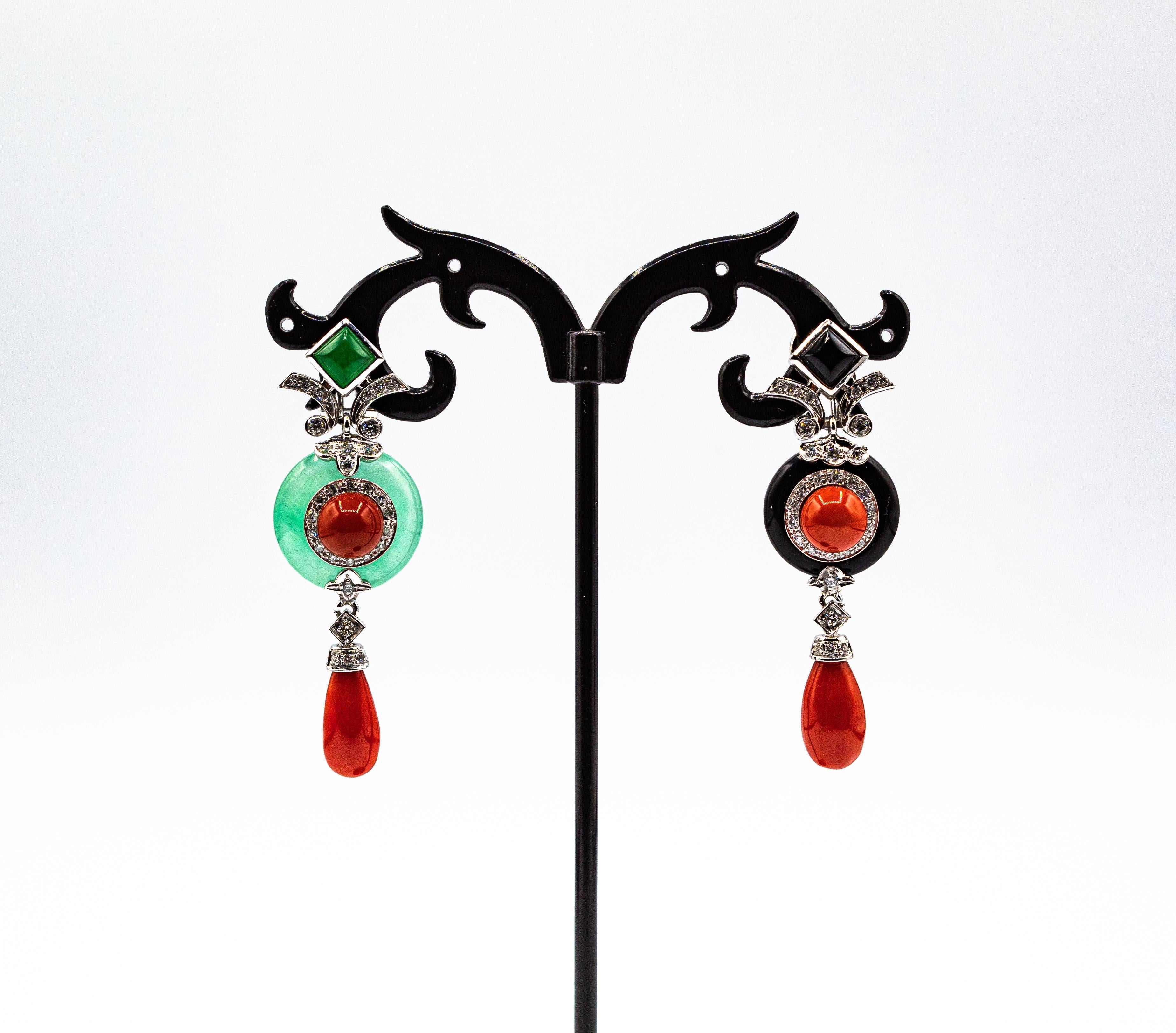 Art Deco Style Mediterranean Red Coral White Diamond Jade White Gold Earrings For Sale 4