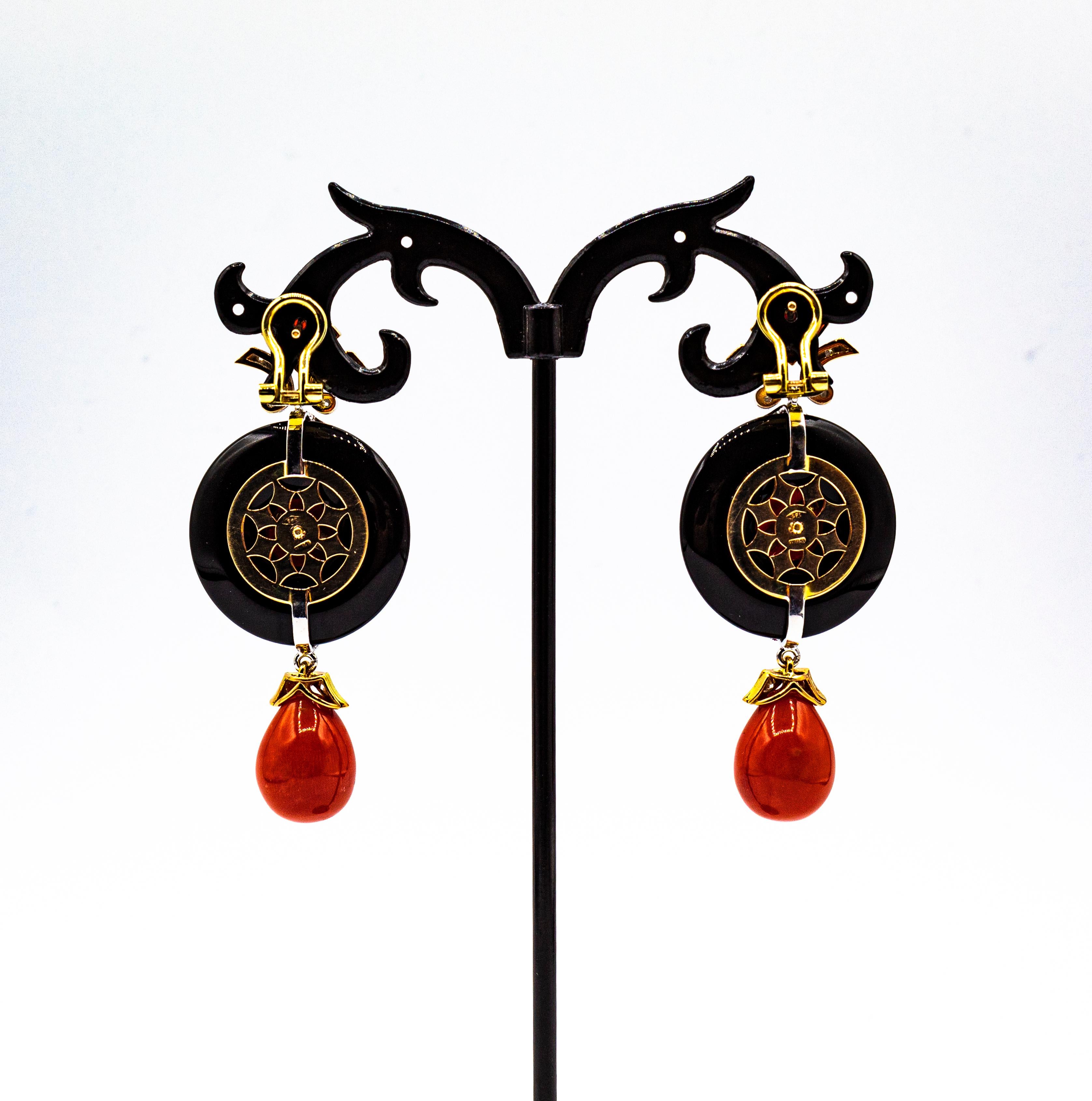 Art Deco Style Mediterranean Red Coral White Diamond Onyx White Gold Earrings For Sale 5