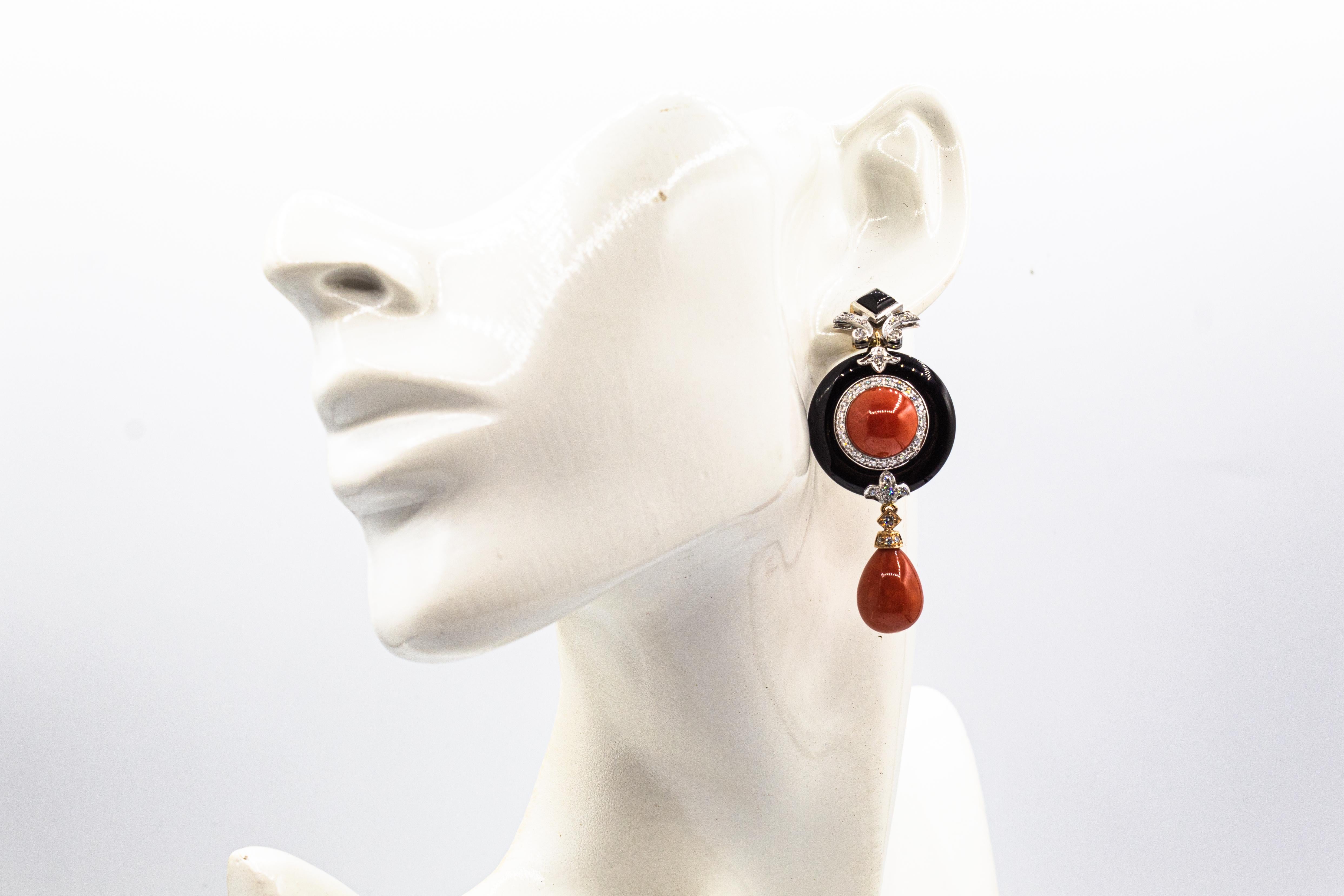 Art Deco Style Mediterranean Red Coral White Diamond Onyx White Gold Earrings For Sale 5